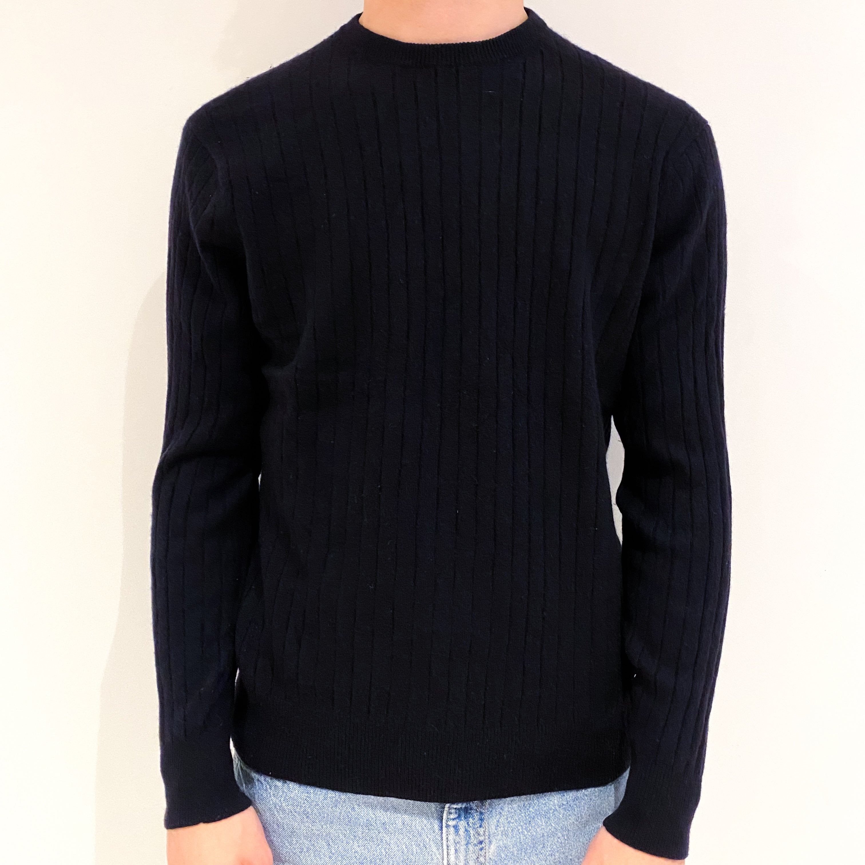 Men's Dark Navy Rib Cashmere Crew Neck Jumper Large