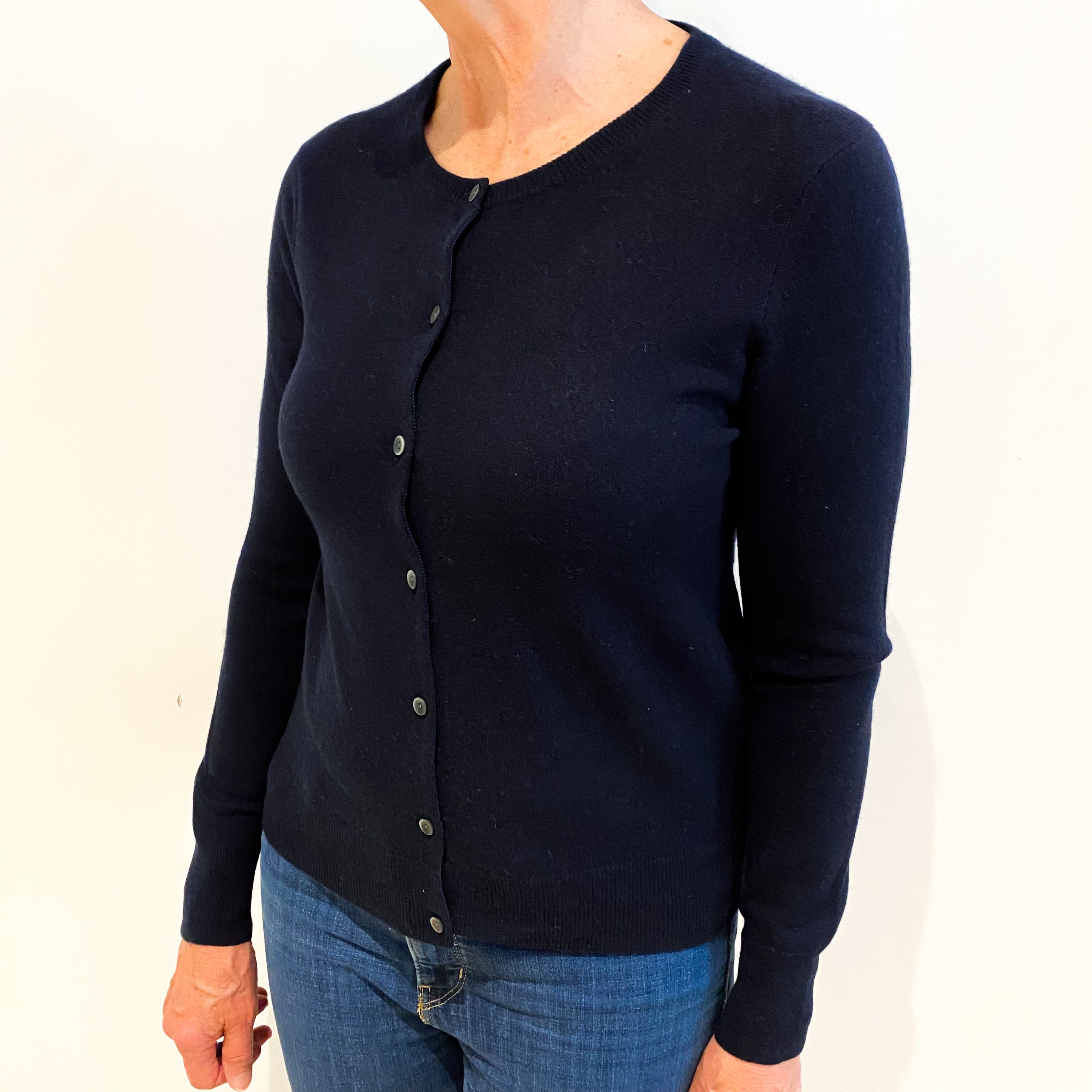 Navy Blue Cashmere Crew Neck Cardigan Medium
