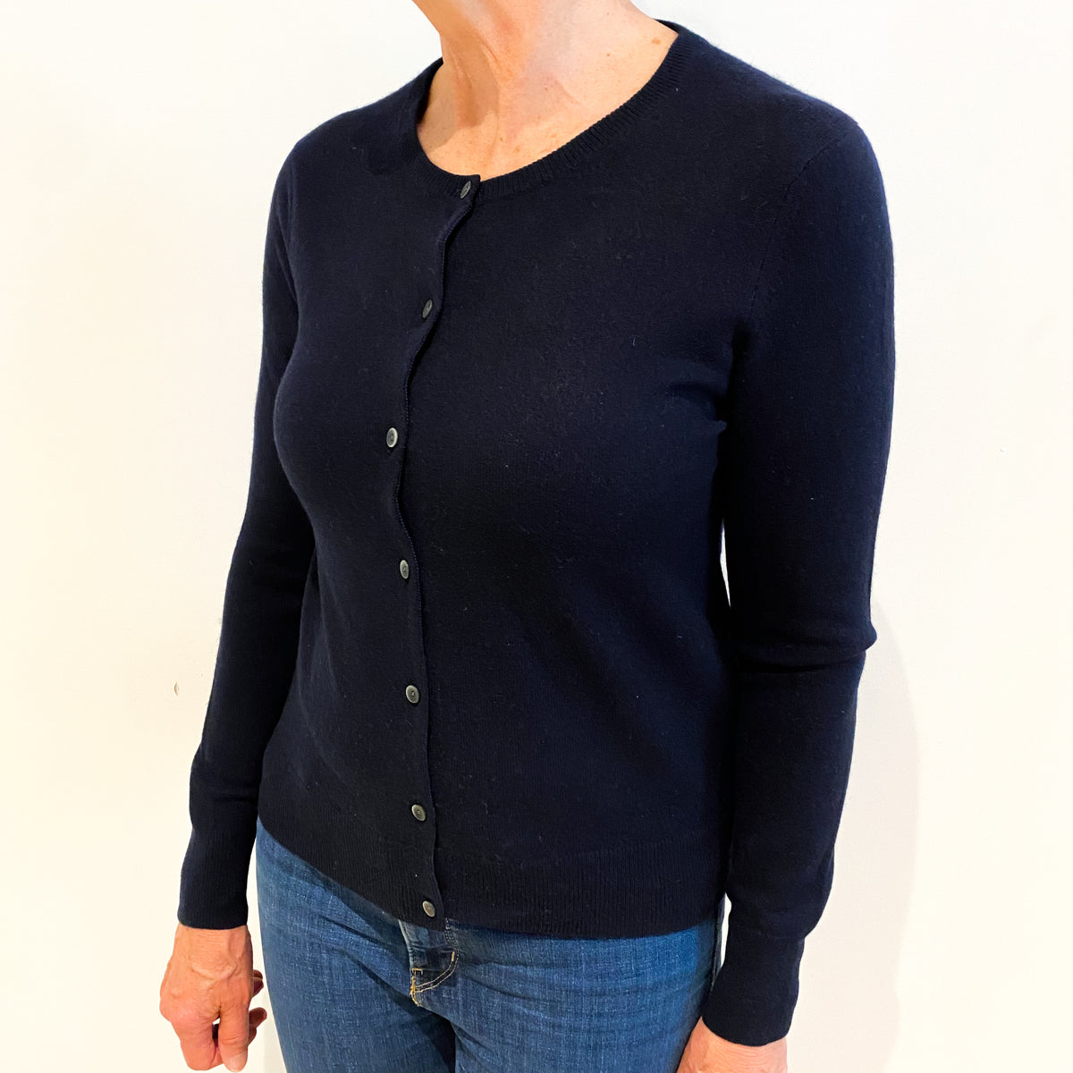 Navy Blue Cashmere Crew Neck Cardigan Medium