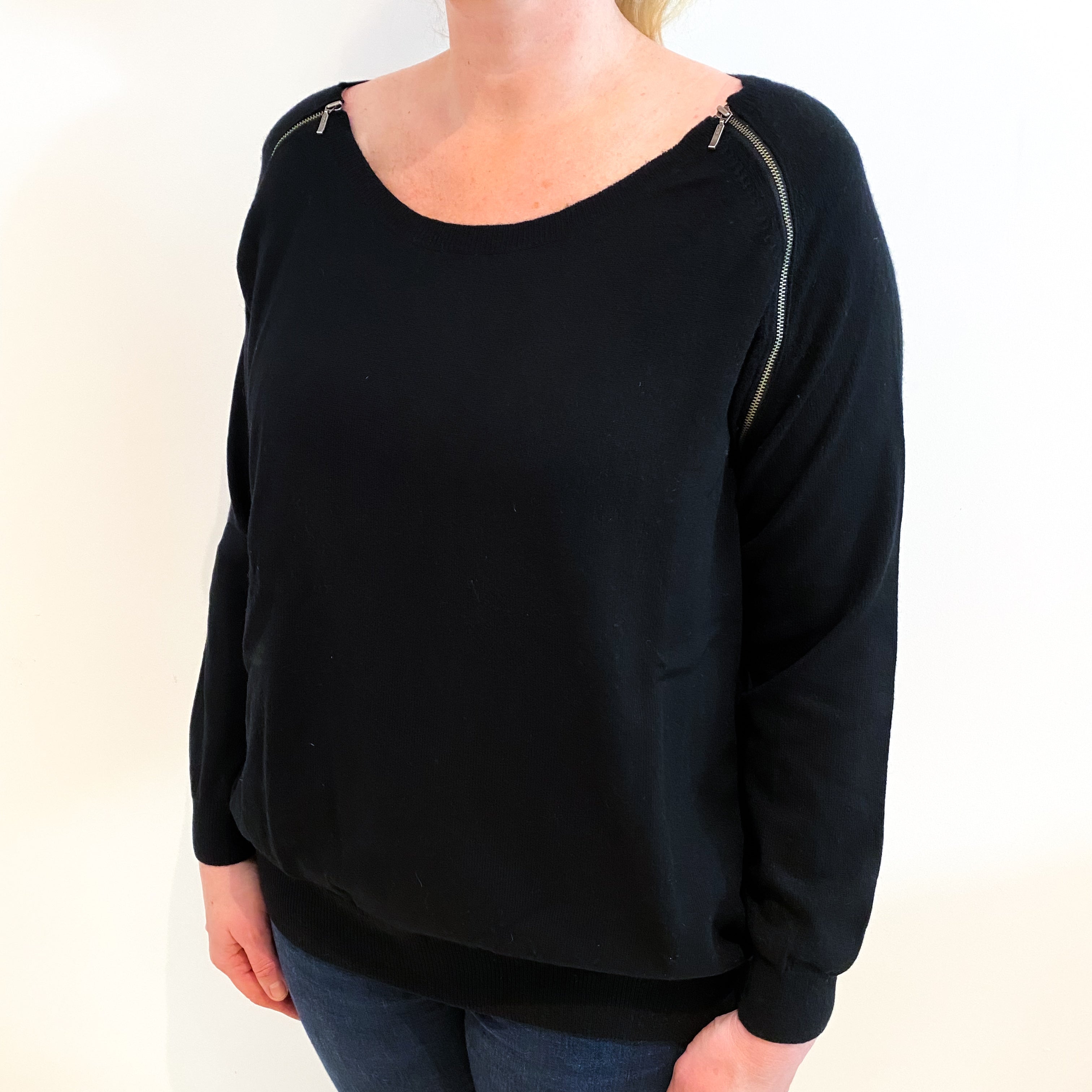 Black Cashmere Zip Detail Scoop Neck Jumper Large