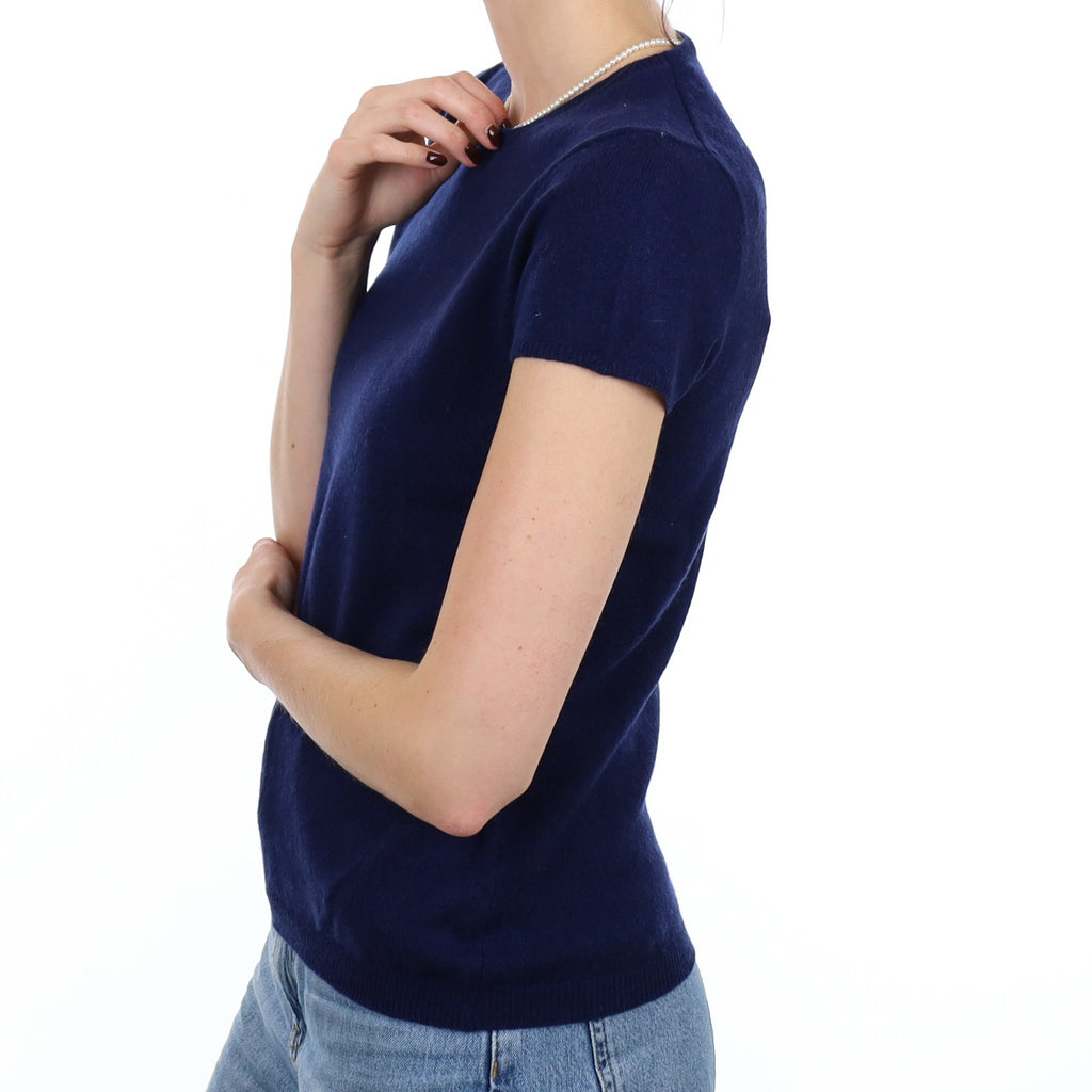 Navy Cashmere Short Sleeve Crew Neck Jumper Small