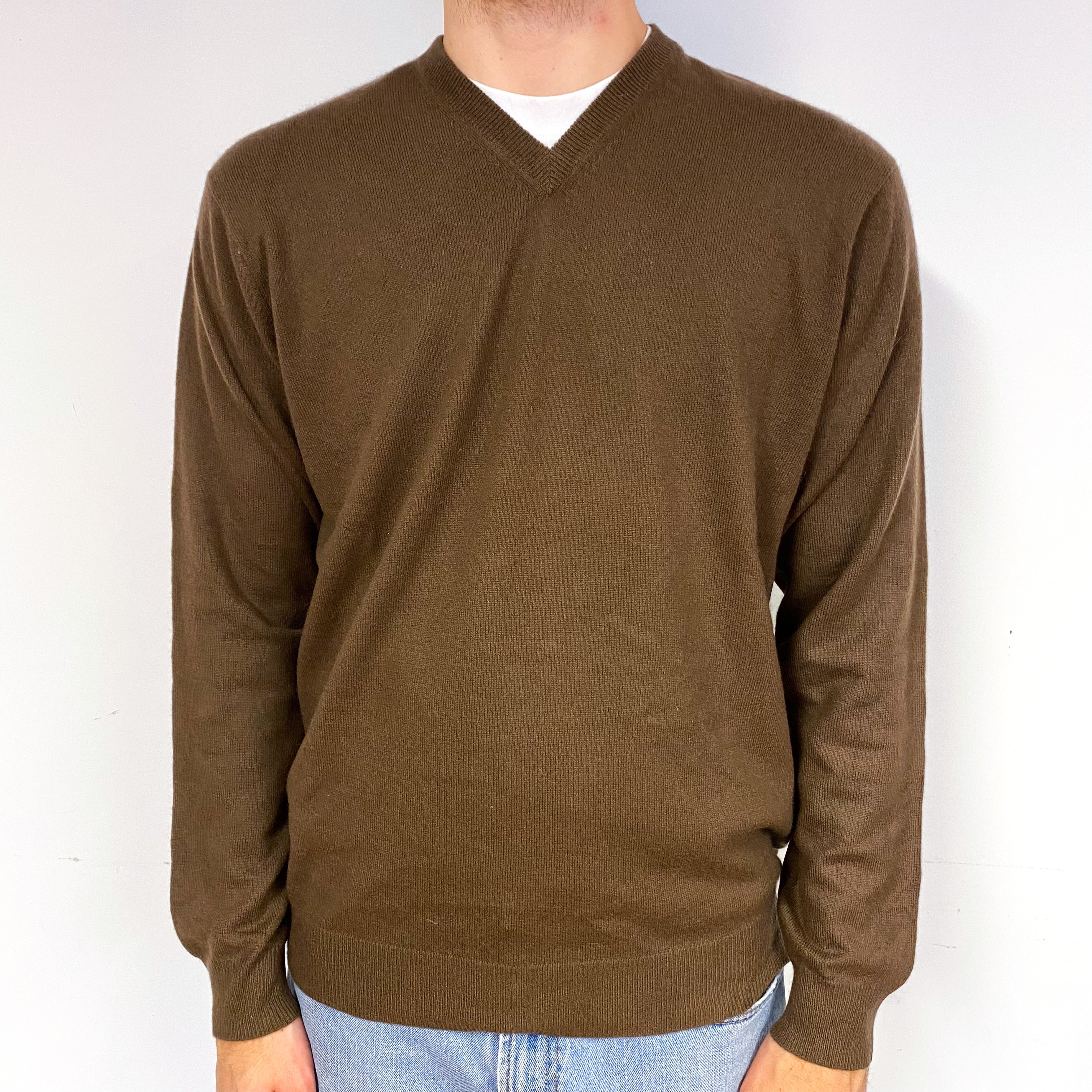 Men's Pecan Brown Cashmere V-Neck Jumper Large