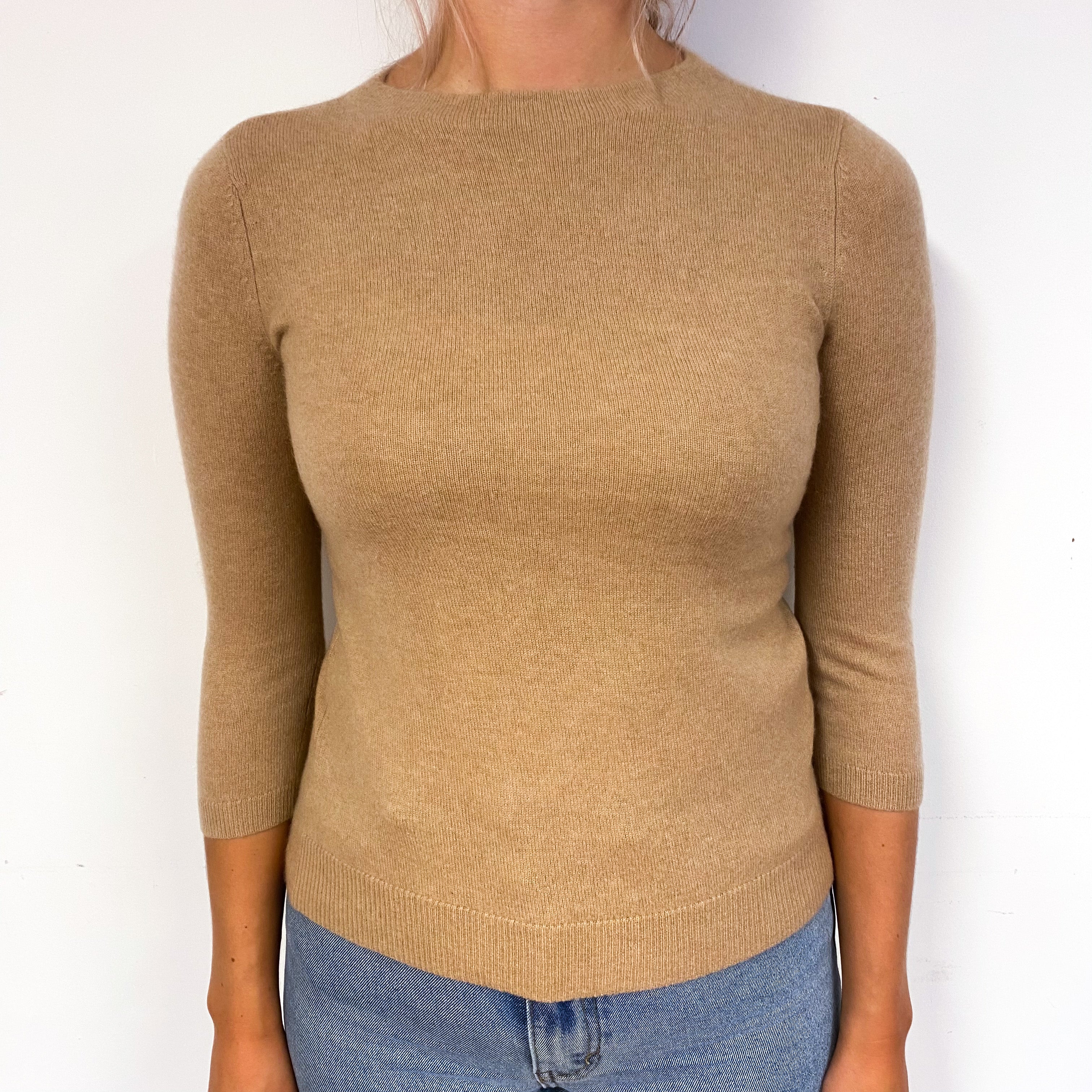 Camel Brown 3/4 Sleeved Cashmere Crew Neck Jumper Small
