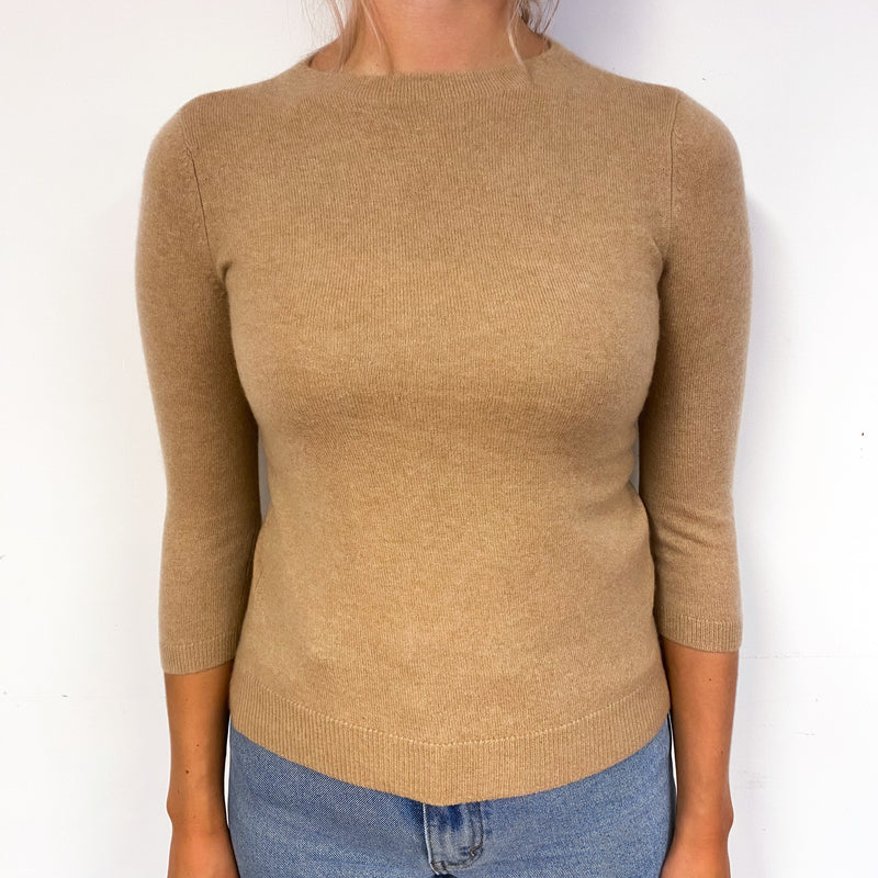 Camel Brown 3/4 Sleeved Cashmere Crew Neck Jumper Small