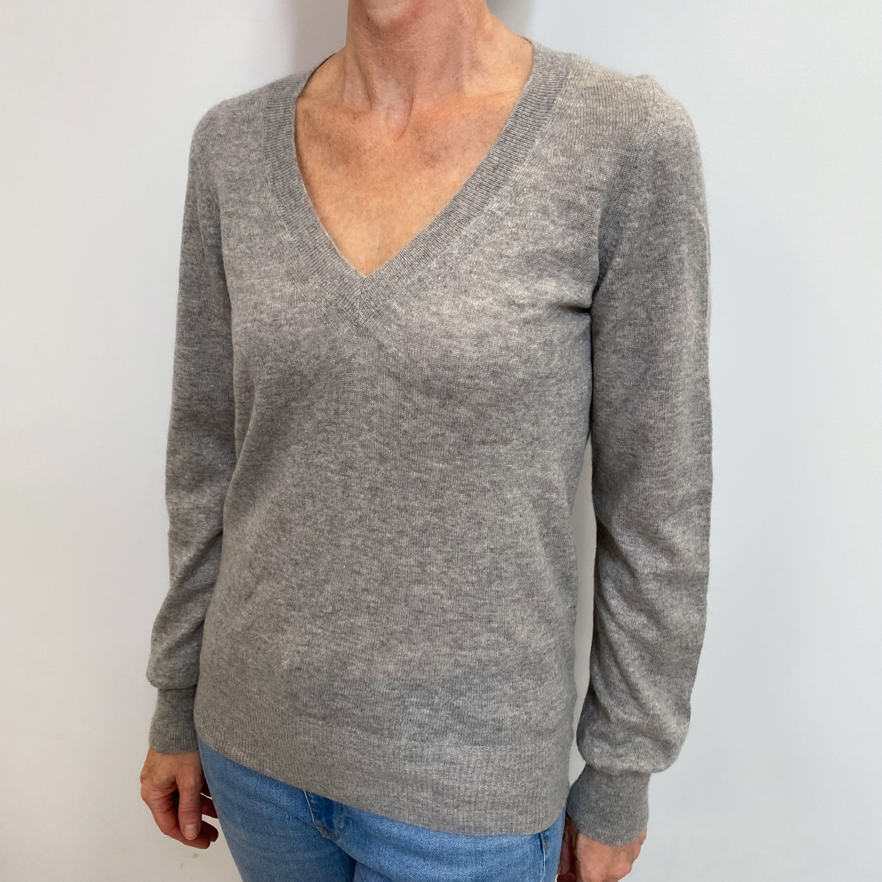Smoke Grey Cashmere V Neck Jumper Small