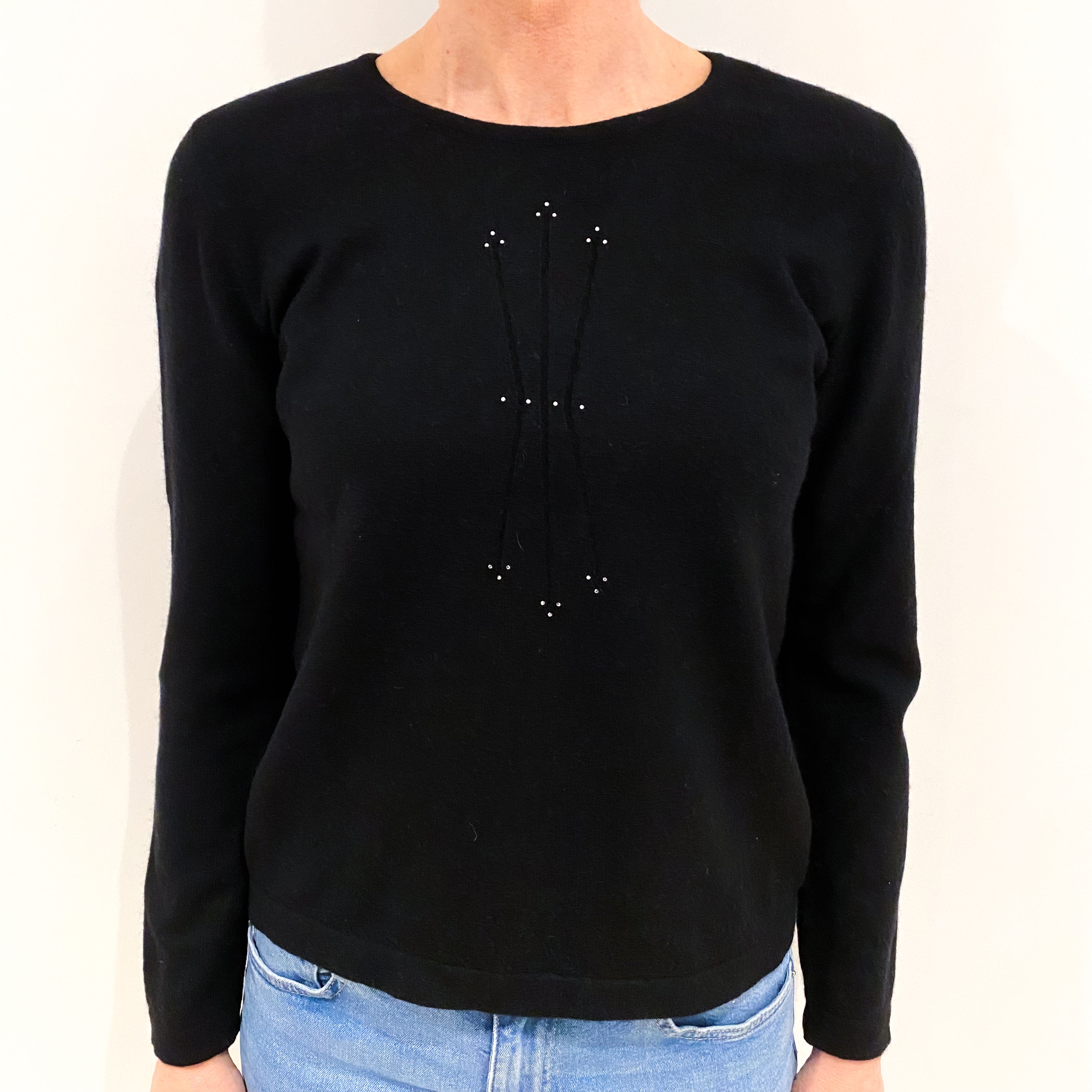 Black With Diamanté Design Cashmere Crew Neck Jumper Small