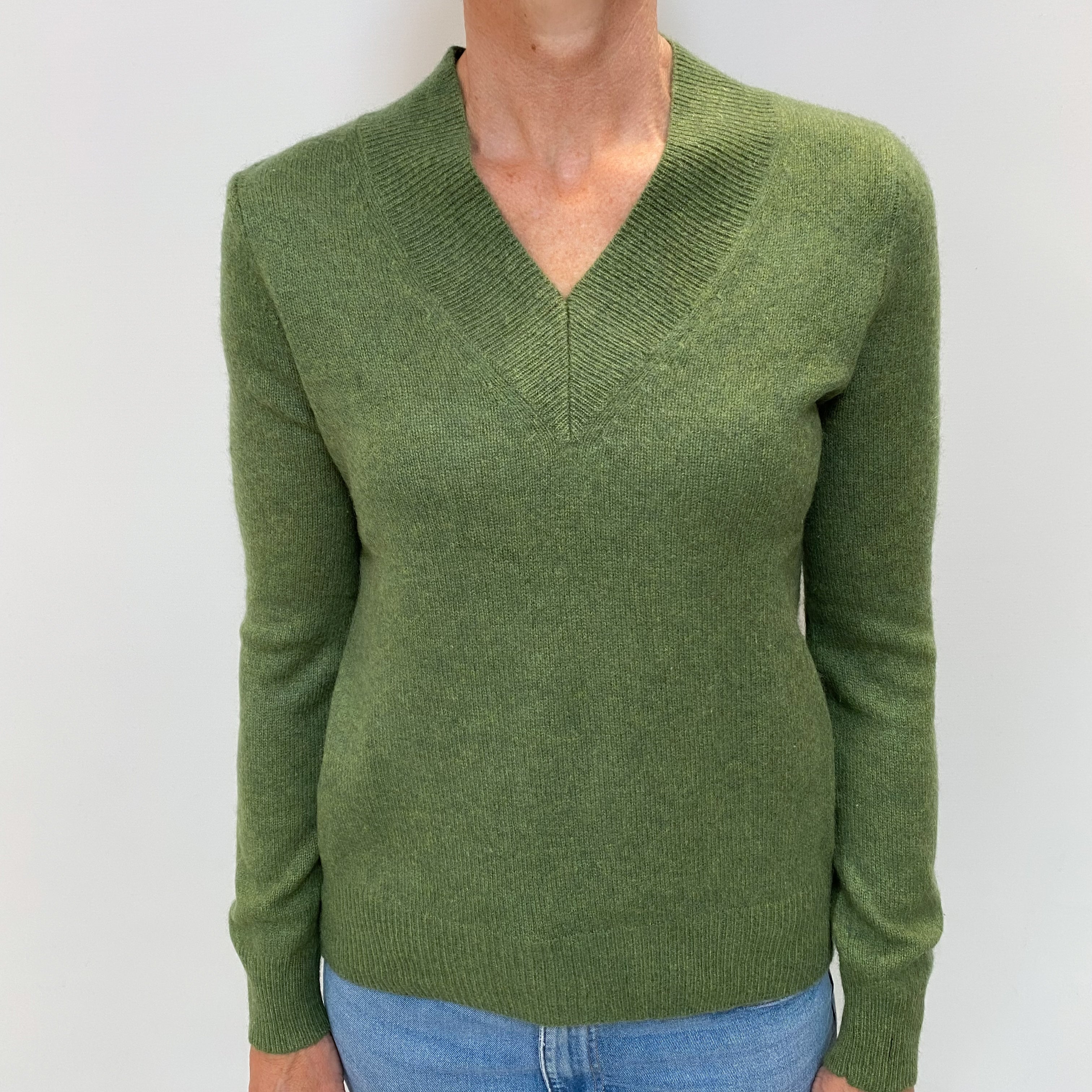 Fern Green Cashmere V Neck Jumper Small