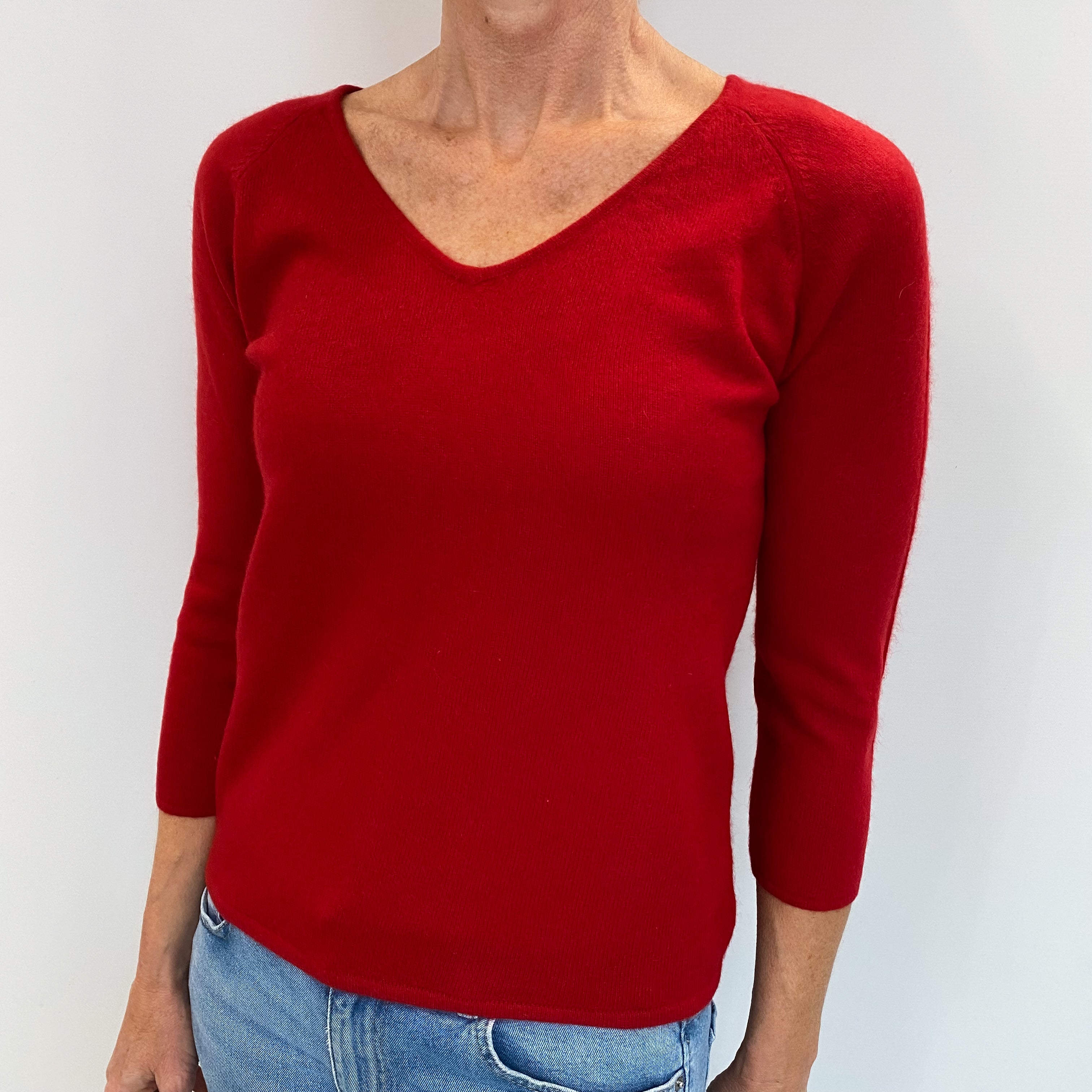 Scarlet Red Cashmere V Neck Jumper Small