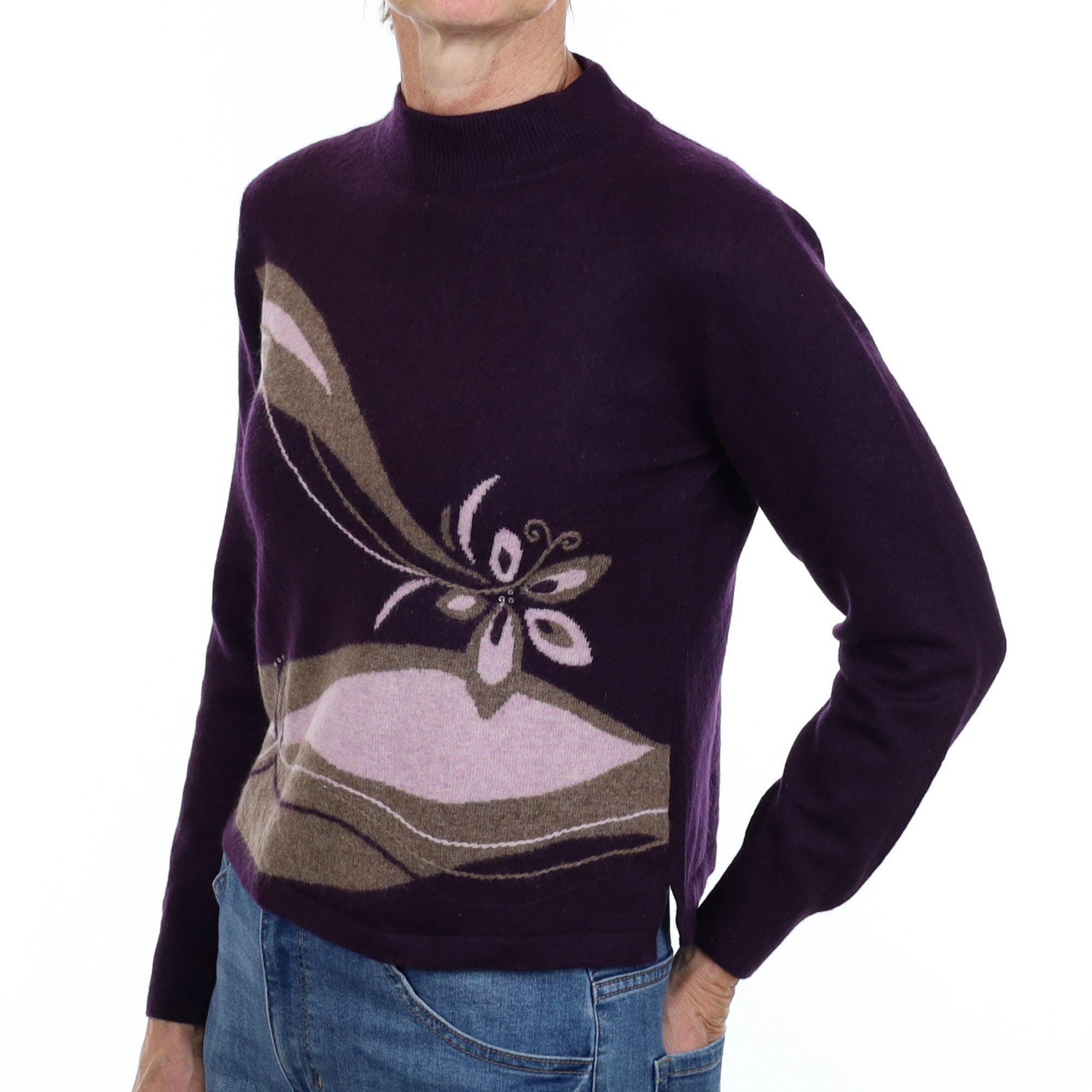 Blueberry Purple Floral Cashmere Turtle Neck Jumper Small