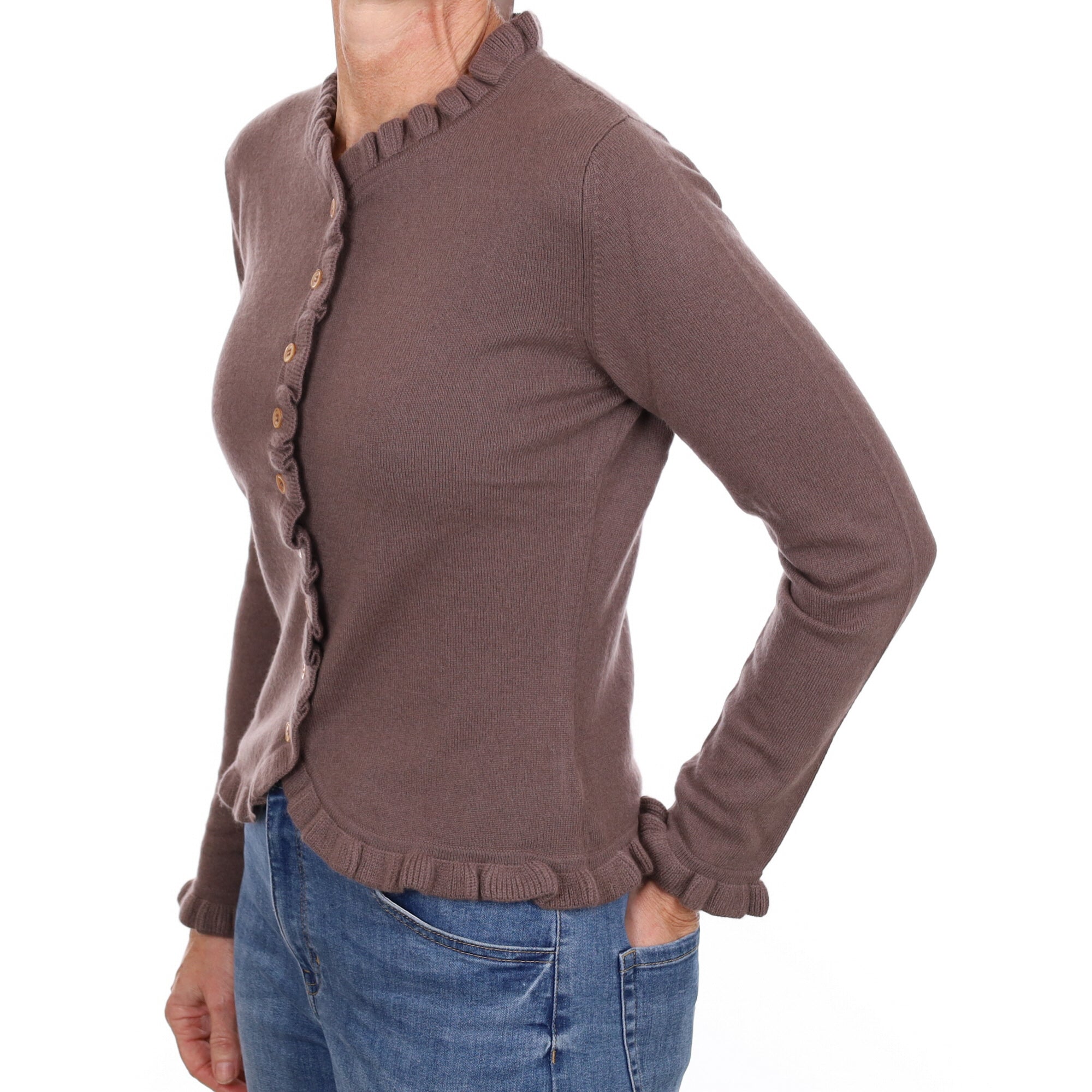 New Mushroom Brown Cashmere Ruffle Edge Cardigan Small