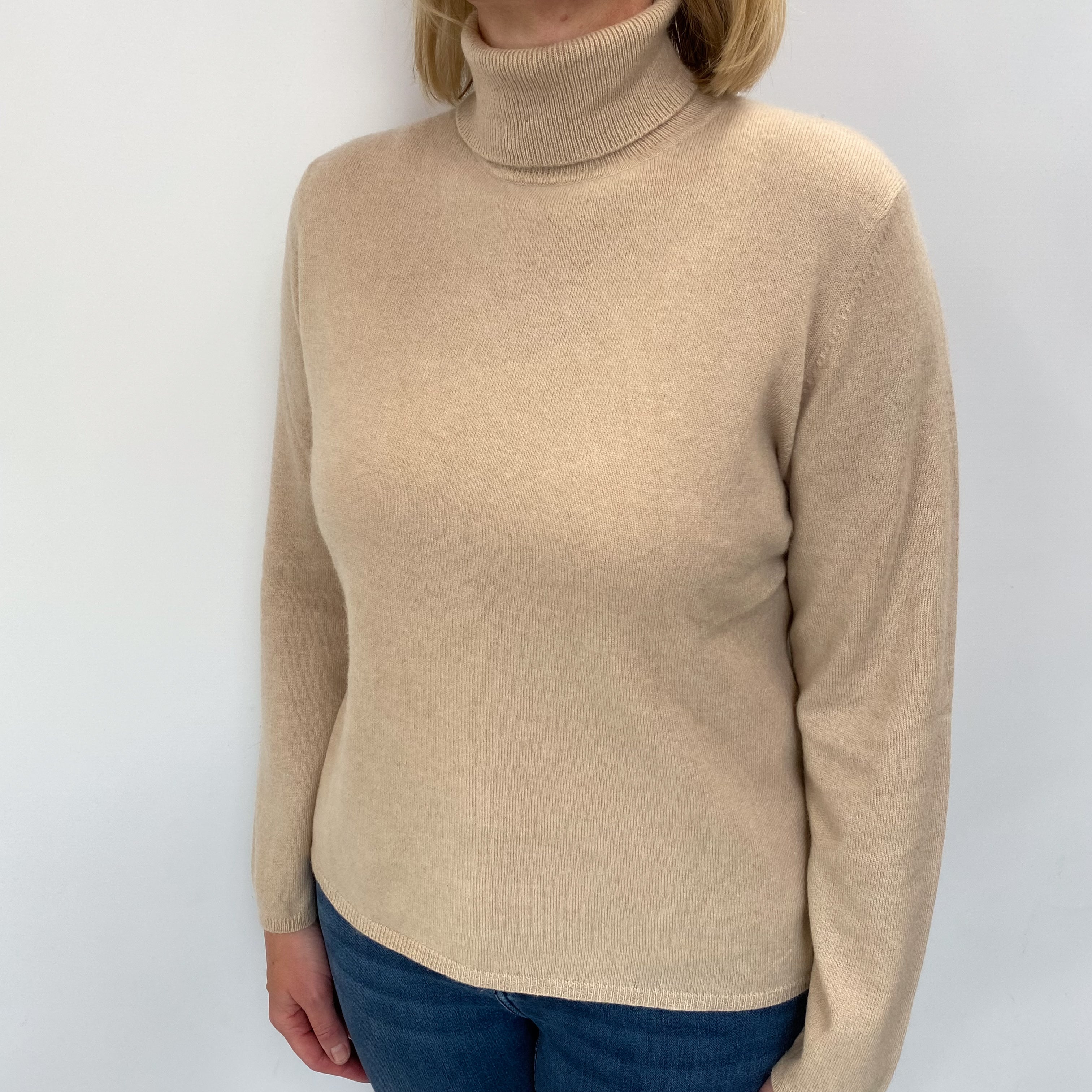 Buff Beige Cashmere Polo Neck Jumper Large
