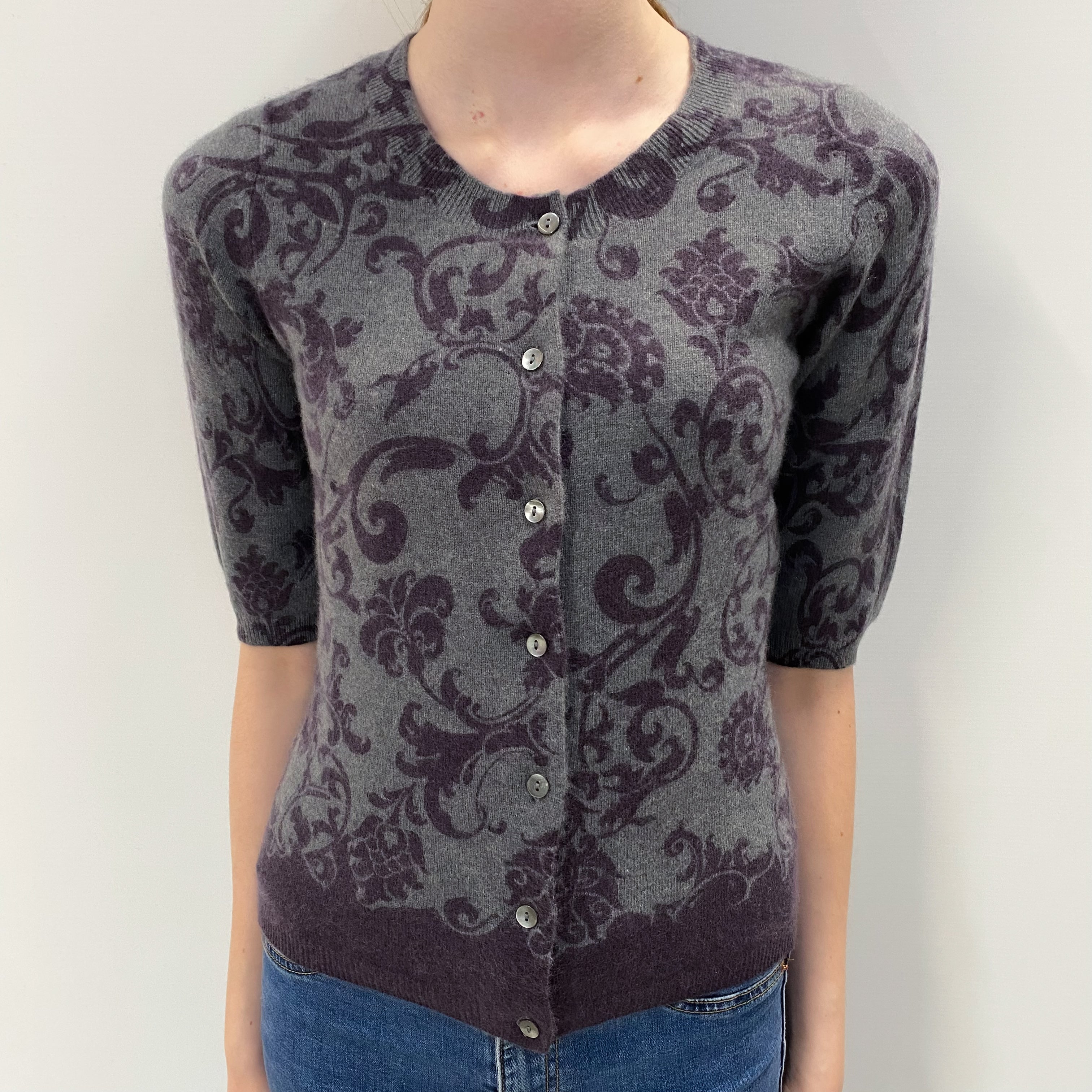 Grey Purple Patterned Cashmere Crew Cardigan Extra Small