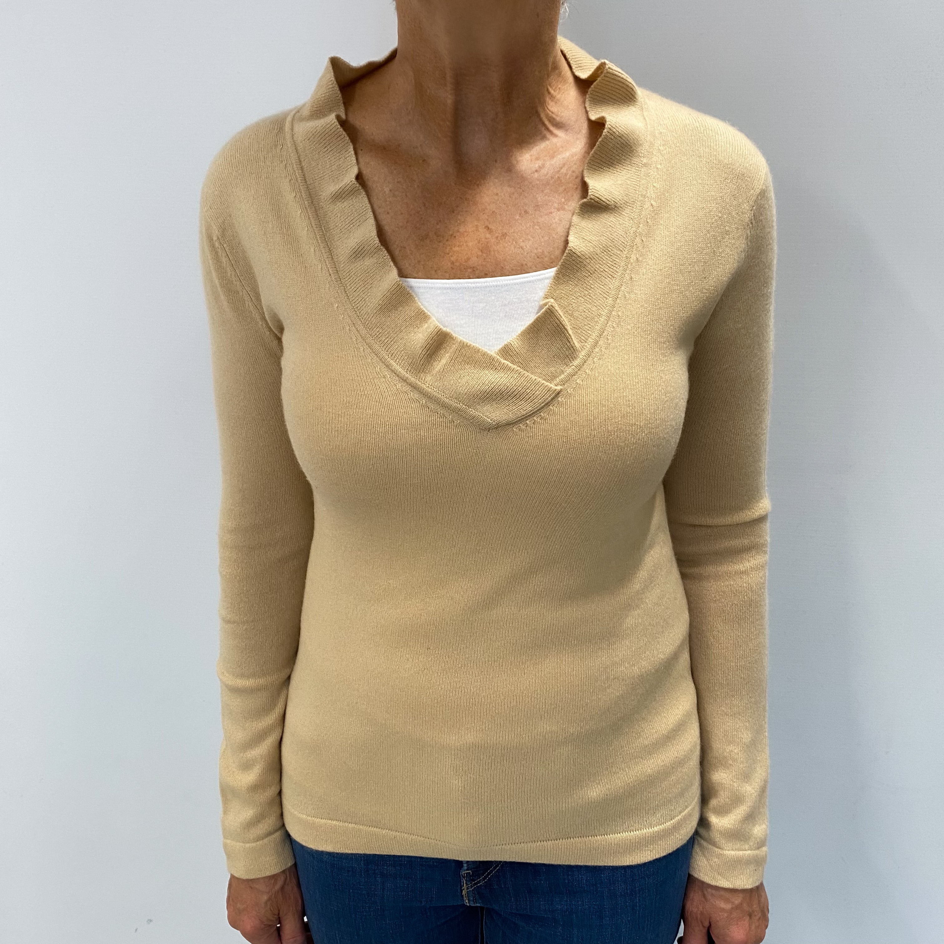 Sand Beige Cashmere Ruffle Edge V Neck Jumper Medium
