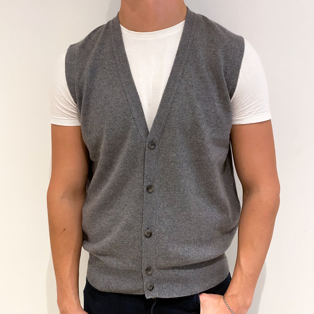 Men's Ash Grey Cashmere V-Neck Waist Coat Extra Large