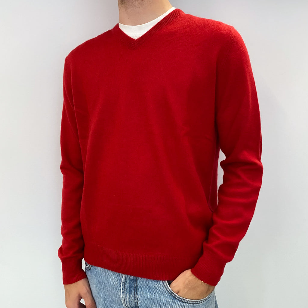 Men's Scarlet Red Cashmere V Neck Jumper Medium