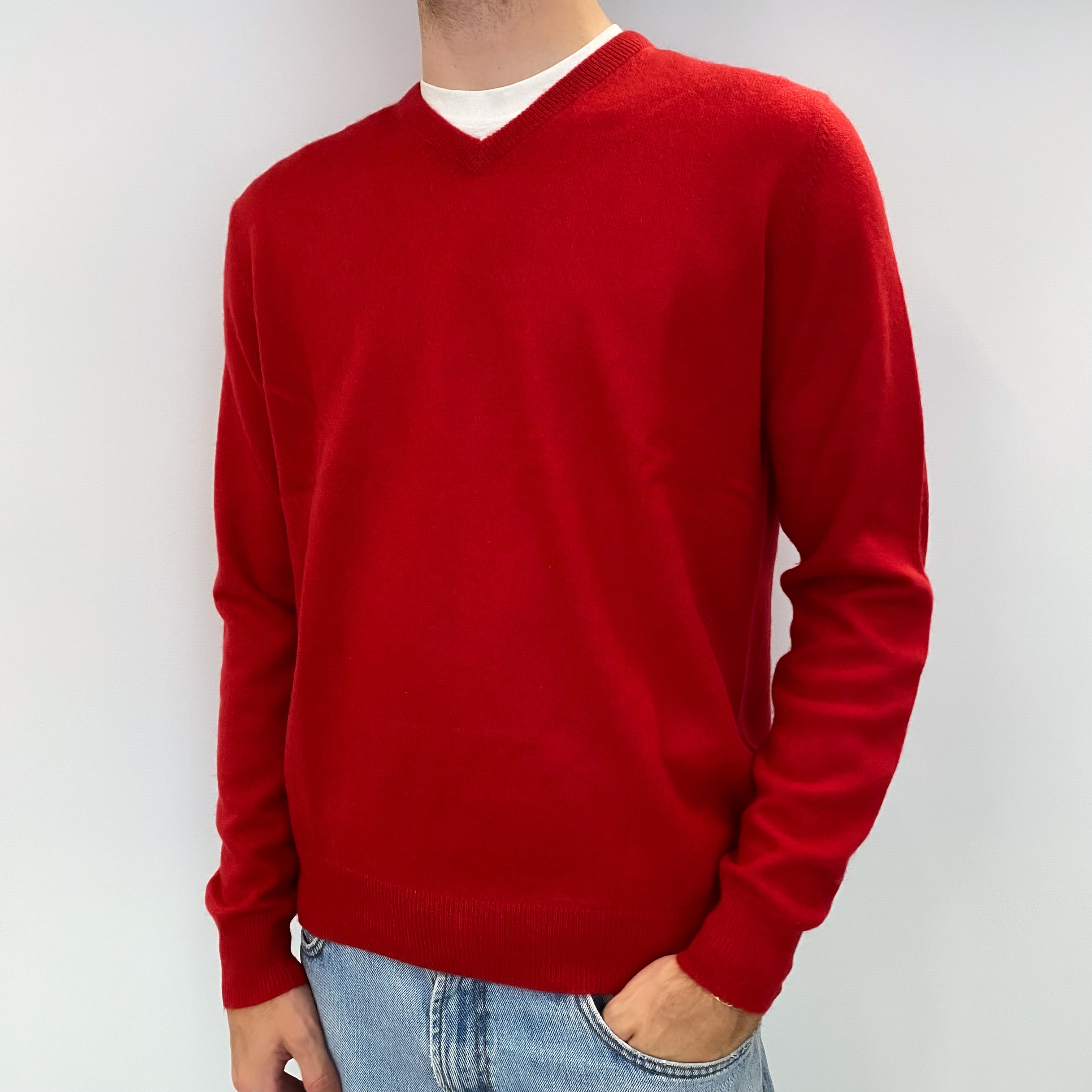 Men's Scarlet Red Cashmere V Neck Jumper Medium