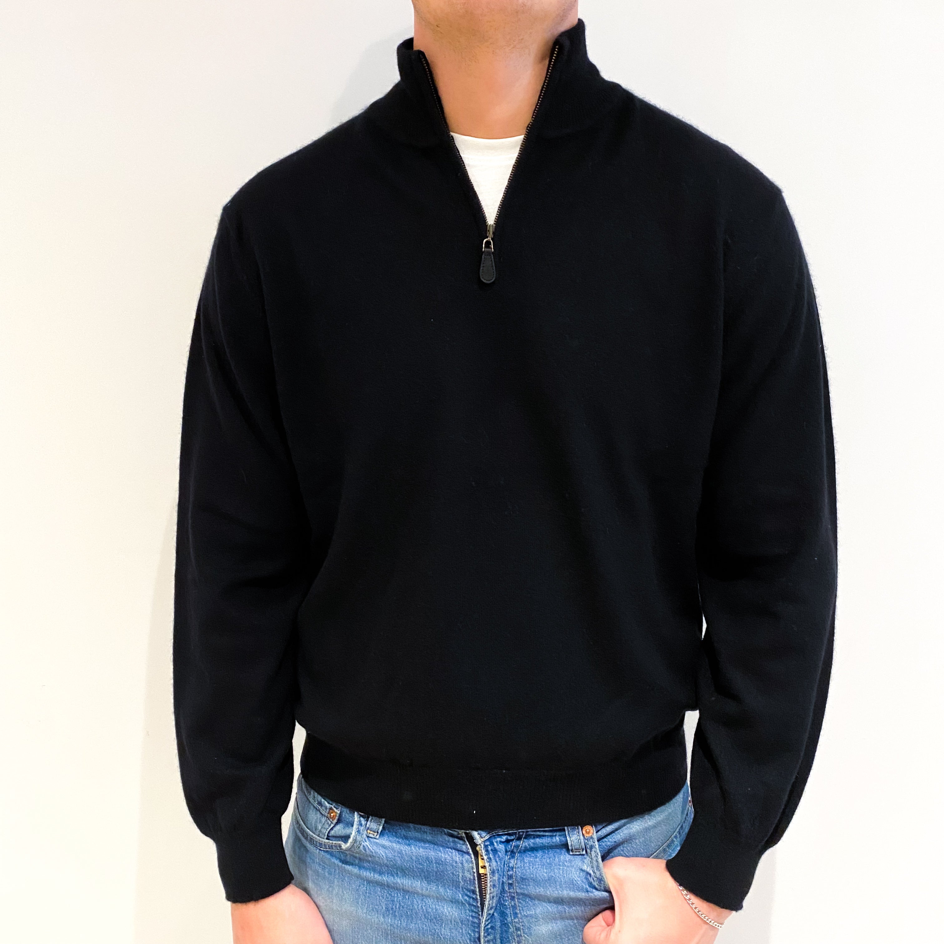 Black Men's Cashmere 1/4 Zip Jumper XL