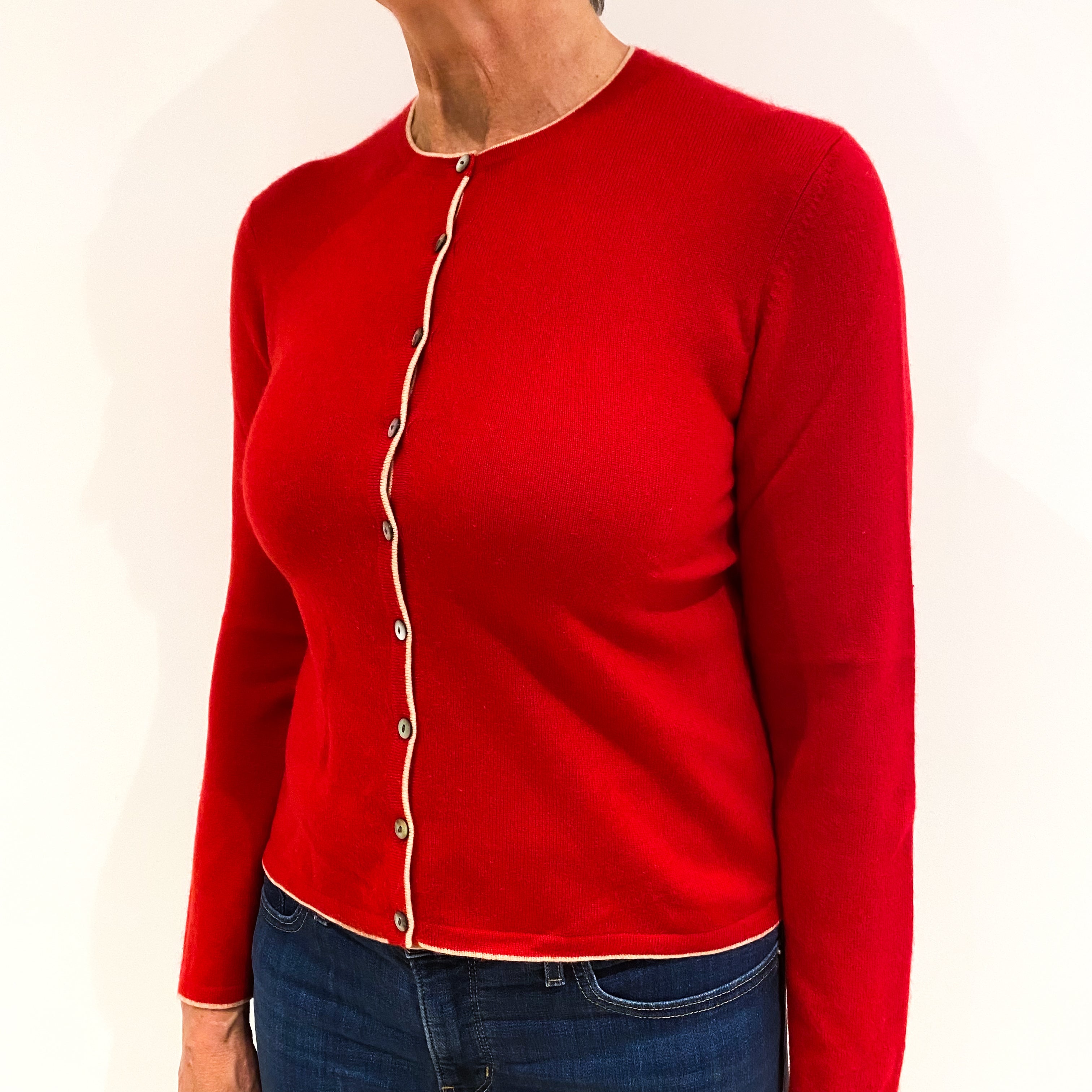 Post Box Red Cashmere Crew Neck Cardigan Medium