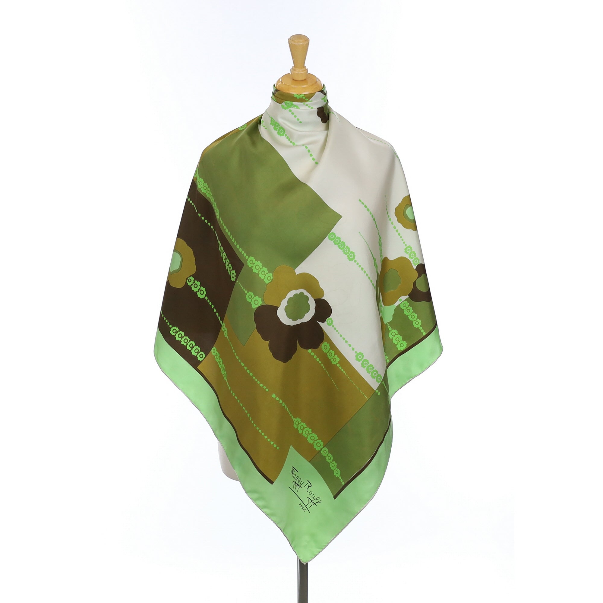 Maggy Rouff Green Floral Designer Silk Scarf