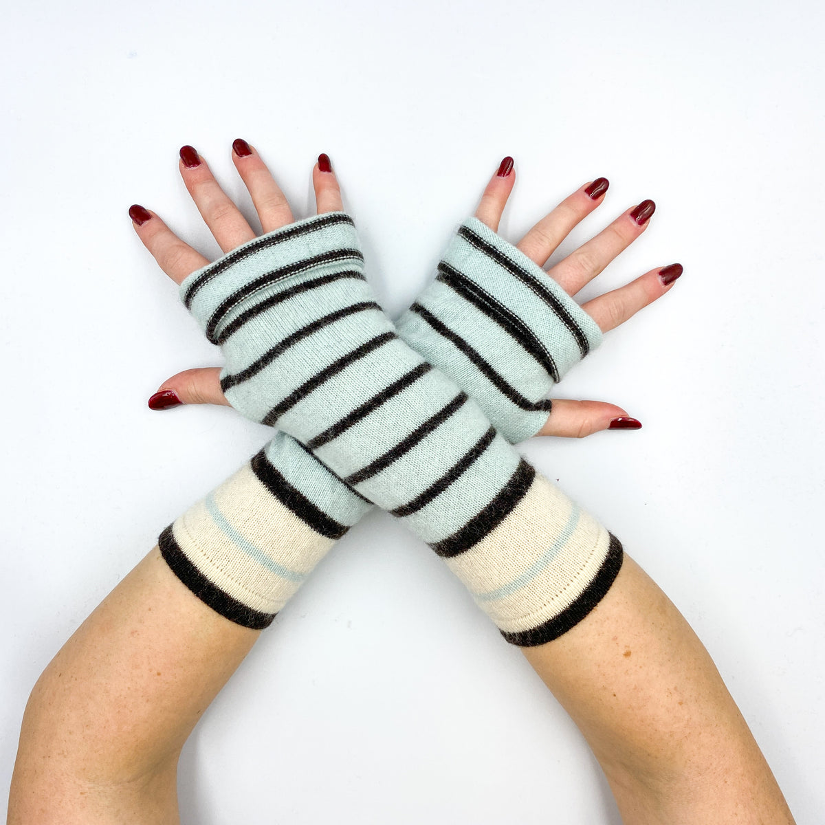 Black and Baby Blue Striped Fingerless Gloves