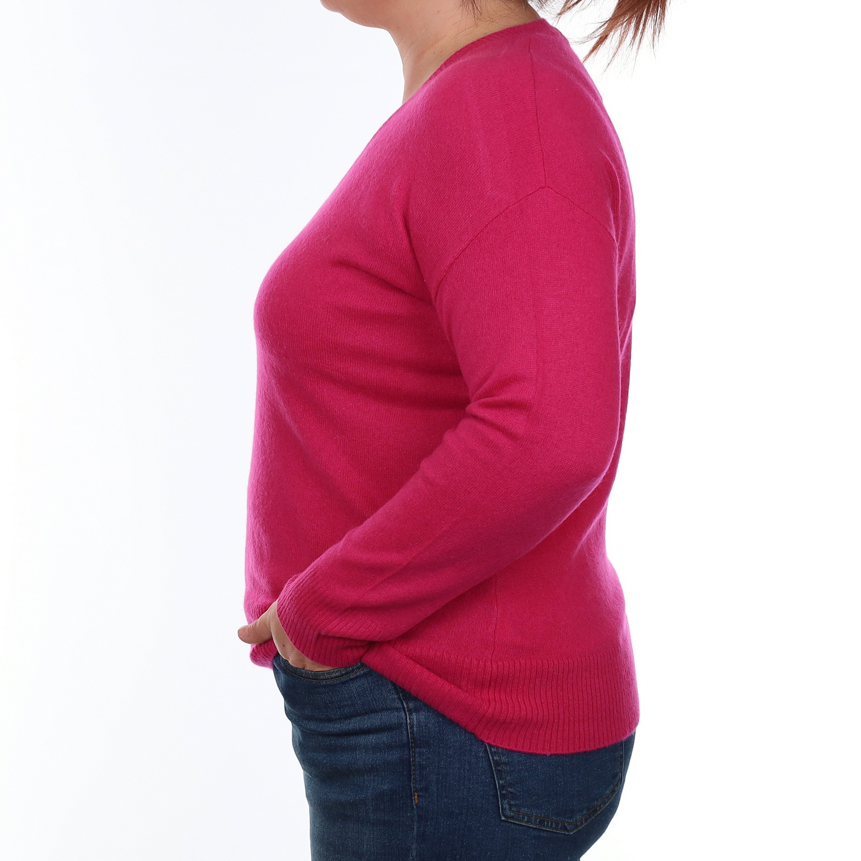 Fuchsia Pink Cashmere V Neck Jumper Large