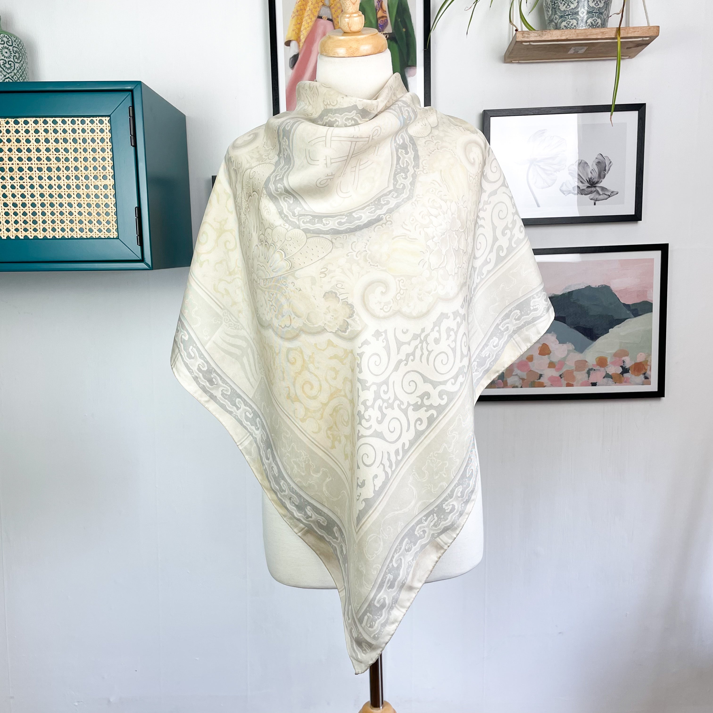Large Muted Neutrals Vintage Silk Scarf