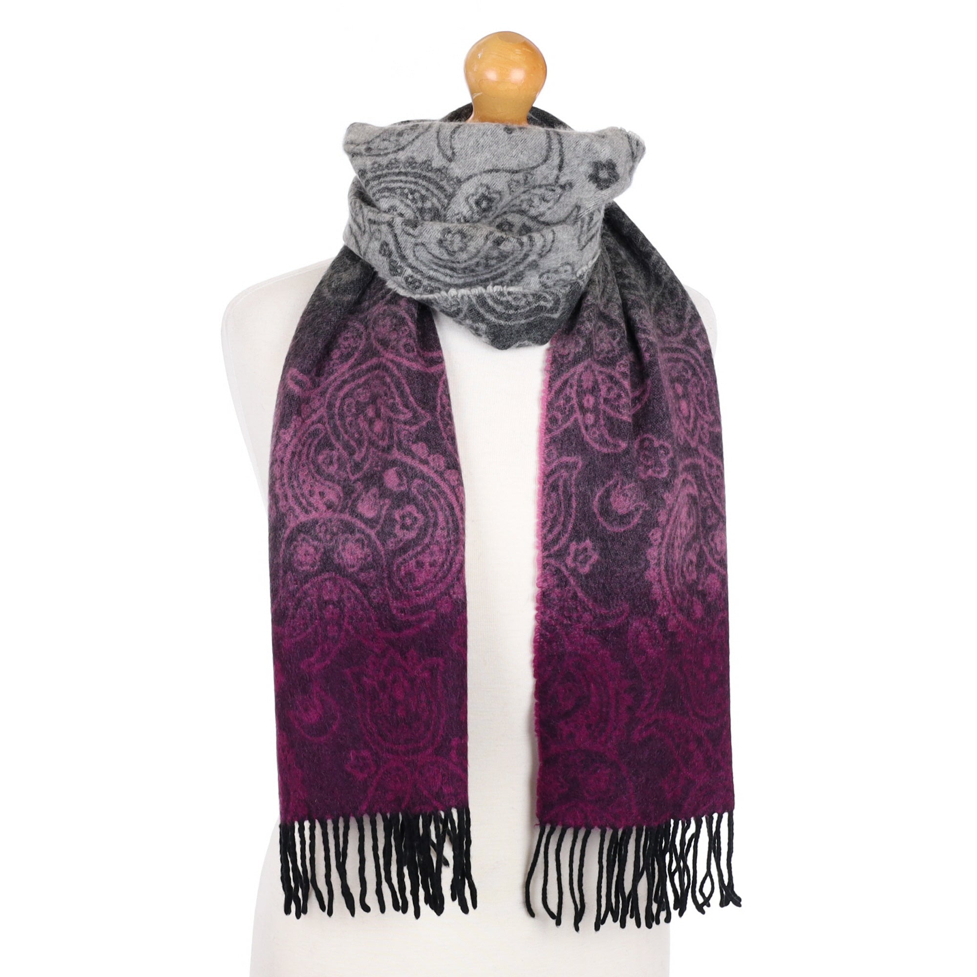 Magenta and Grey Paisley Cashmere Fringed Woven Scarf