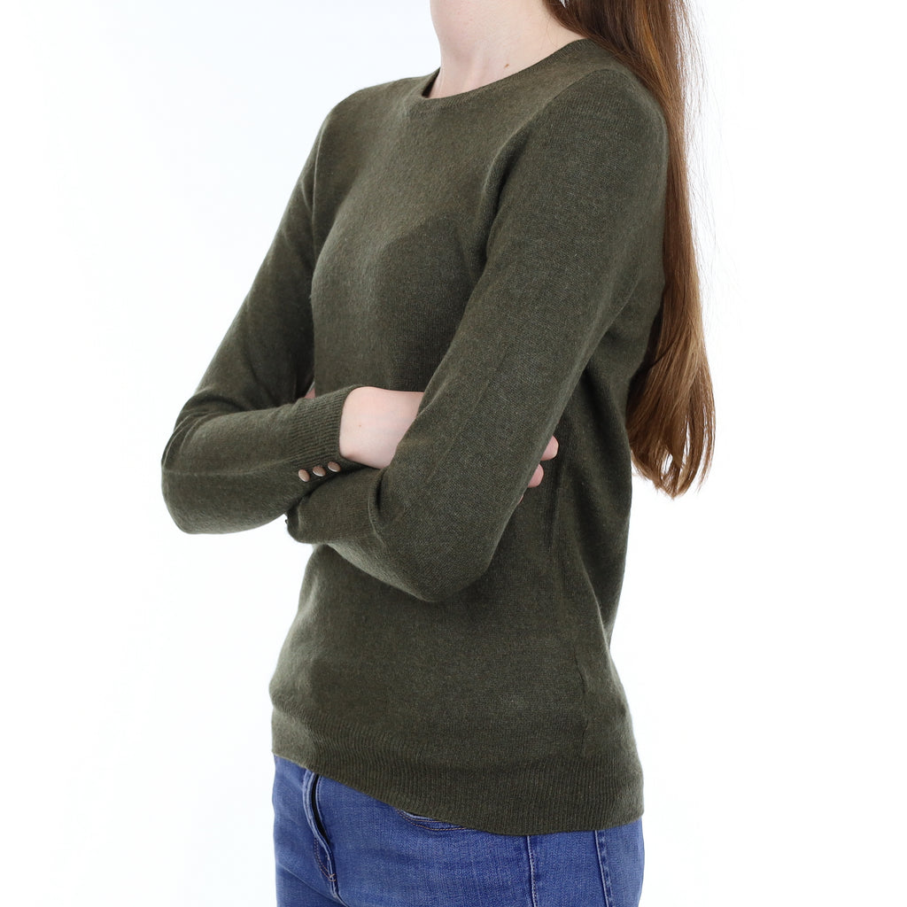 Khaki Green Cashmere Buttoned Cuff Crew Neck Jumper Extra Small