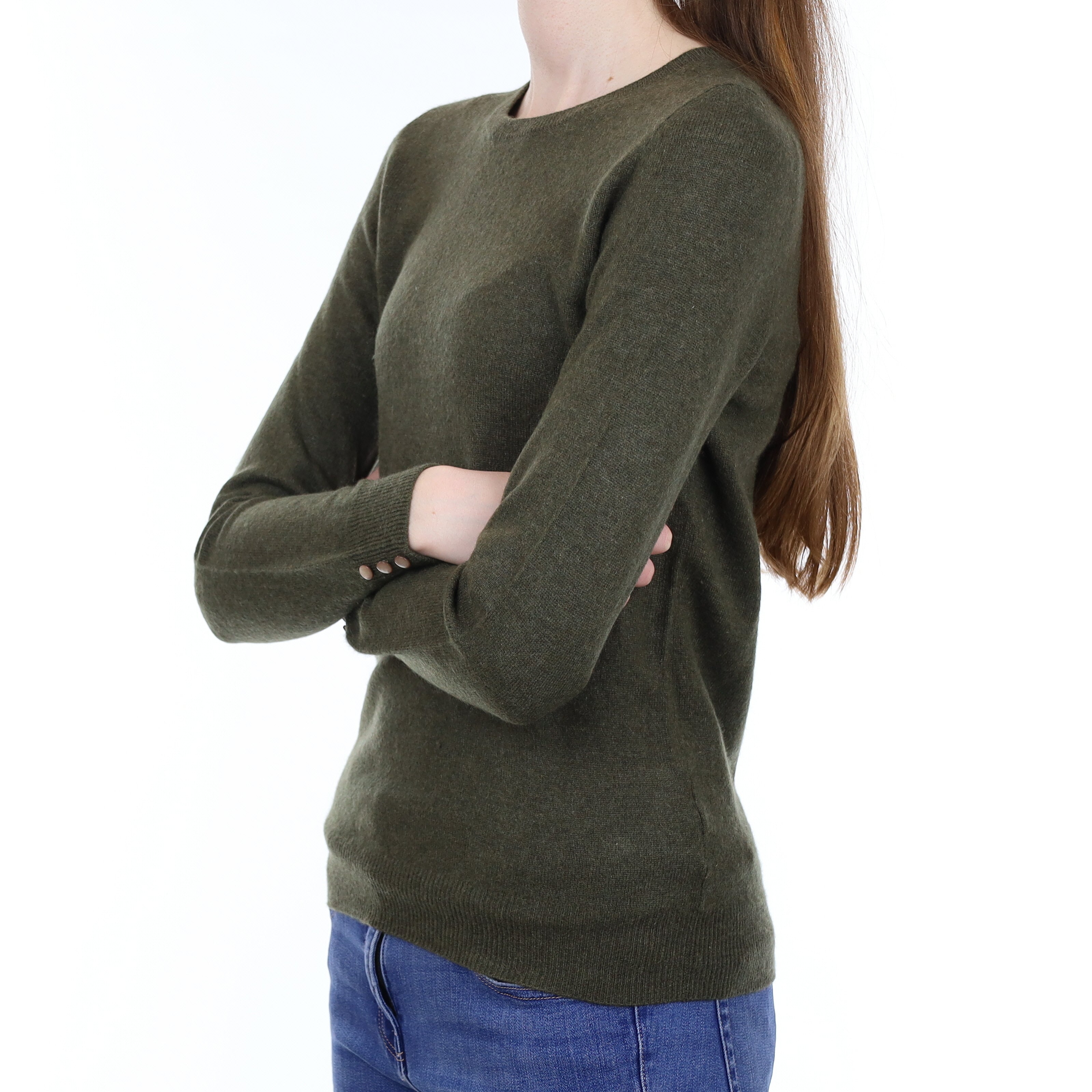 Khaki Green Cashmere Buttoned Cuff Crew Neck Jumper Extra Small