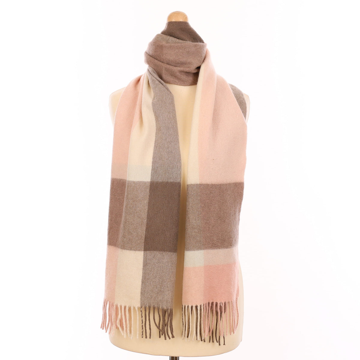 Shell Pink and Brown Plaid Cashmere Woven Scarf