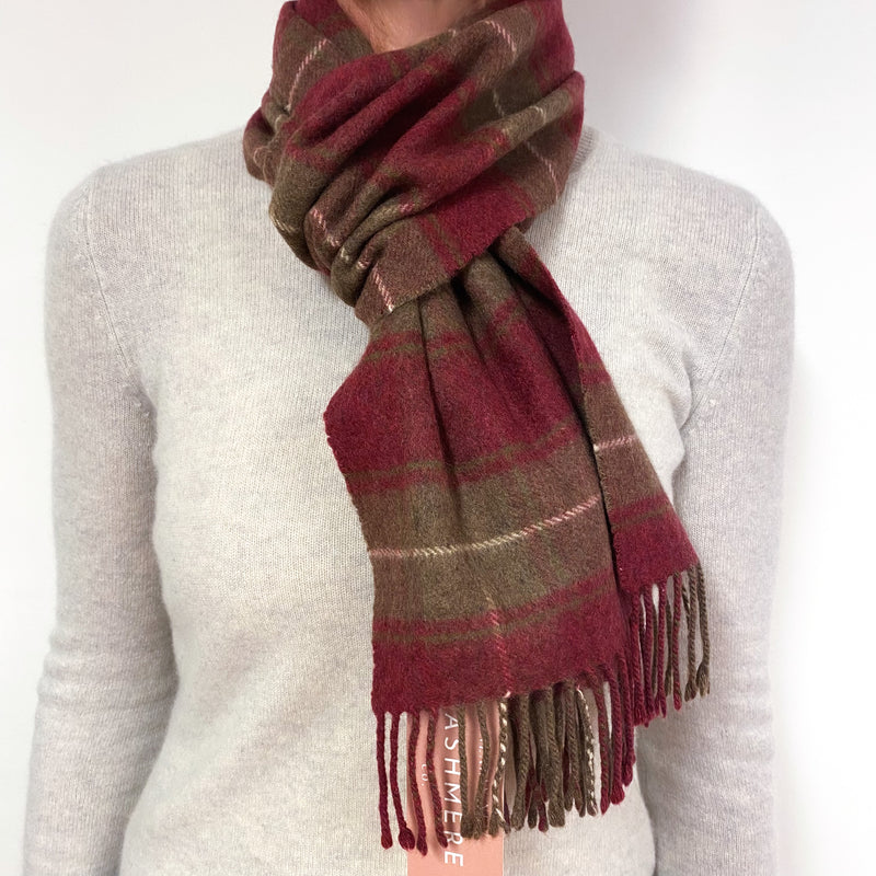Burgundy Red and Donkey Brown Tartan Fringed Cashmere Woven Scarf