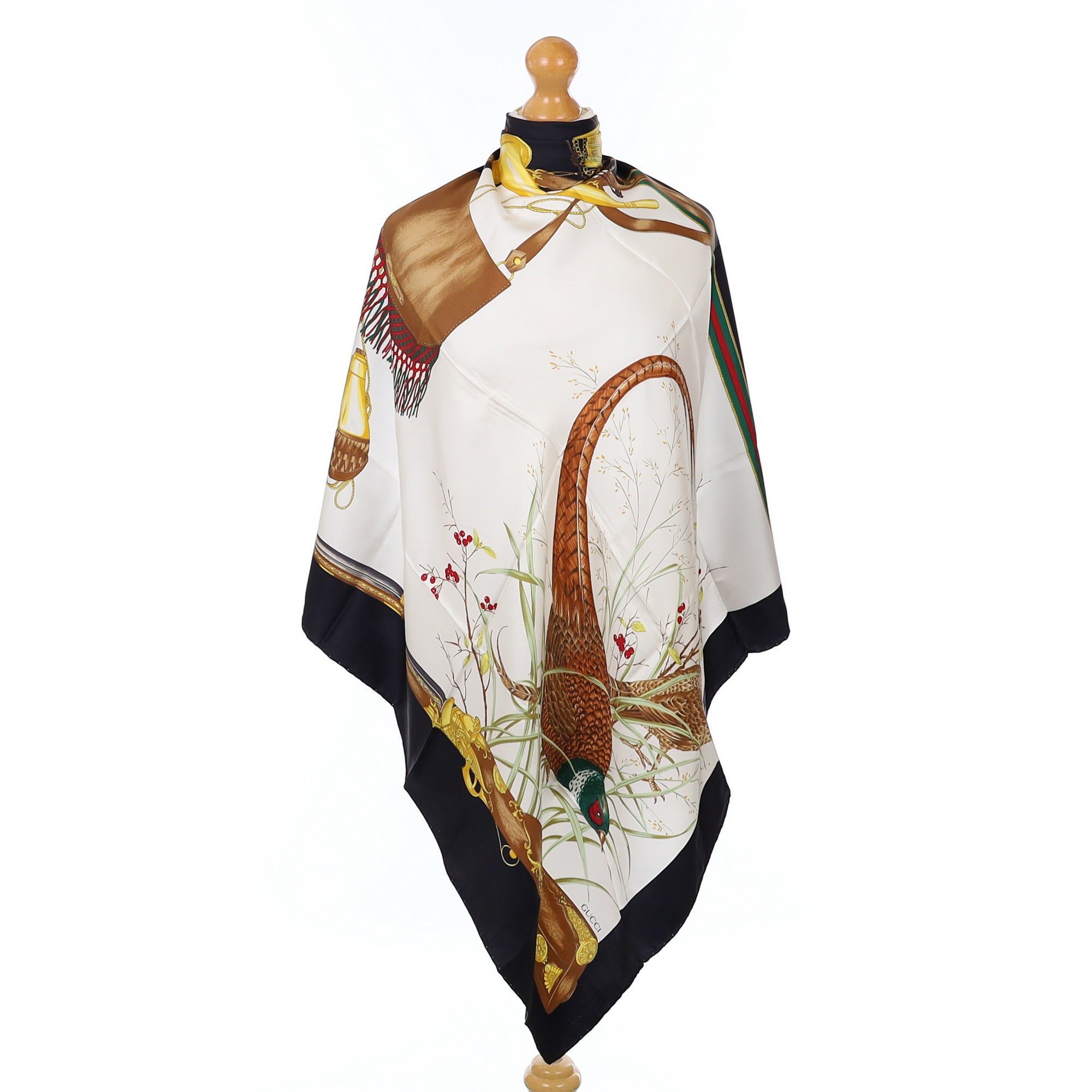 Brand New Gucci Black Pheasant Hunt Vintage Silk Scarf