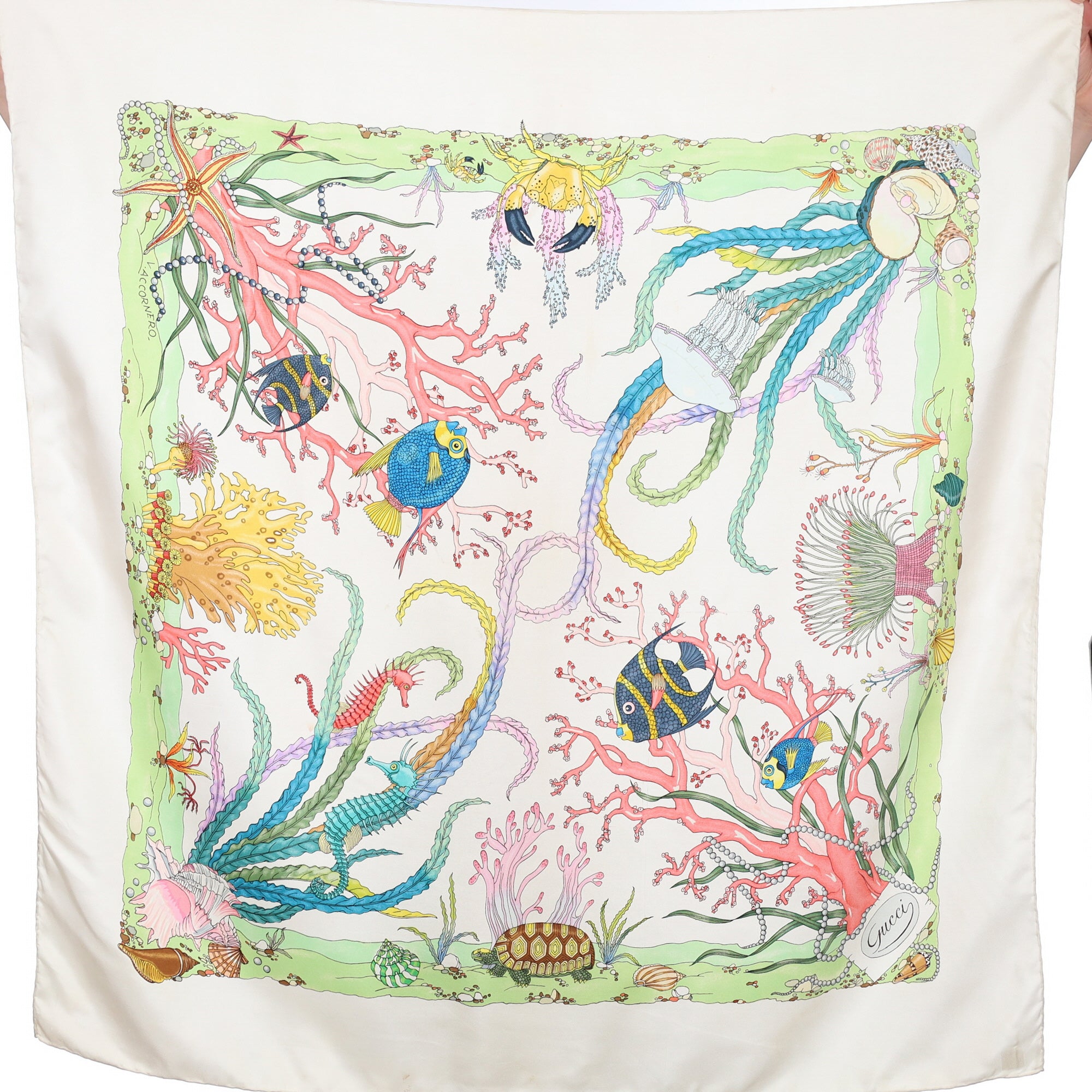 Gucci Aquatic Theme Vintage Silk Scarf