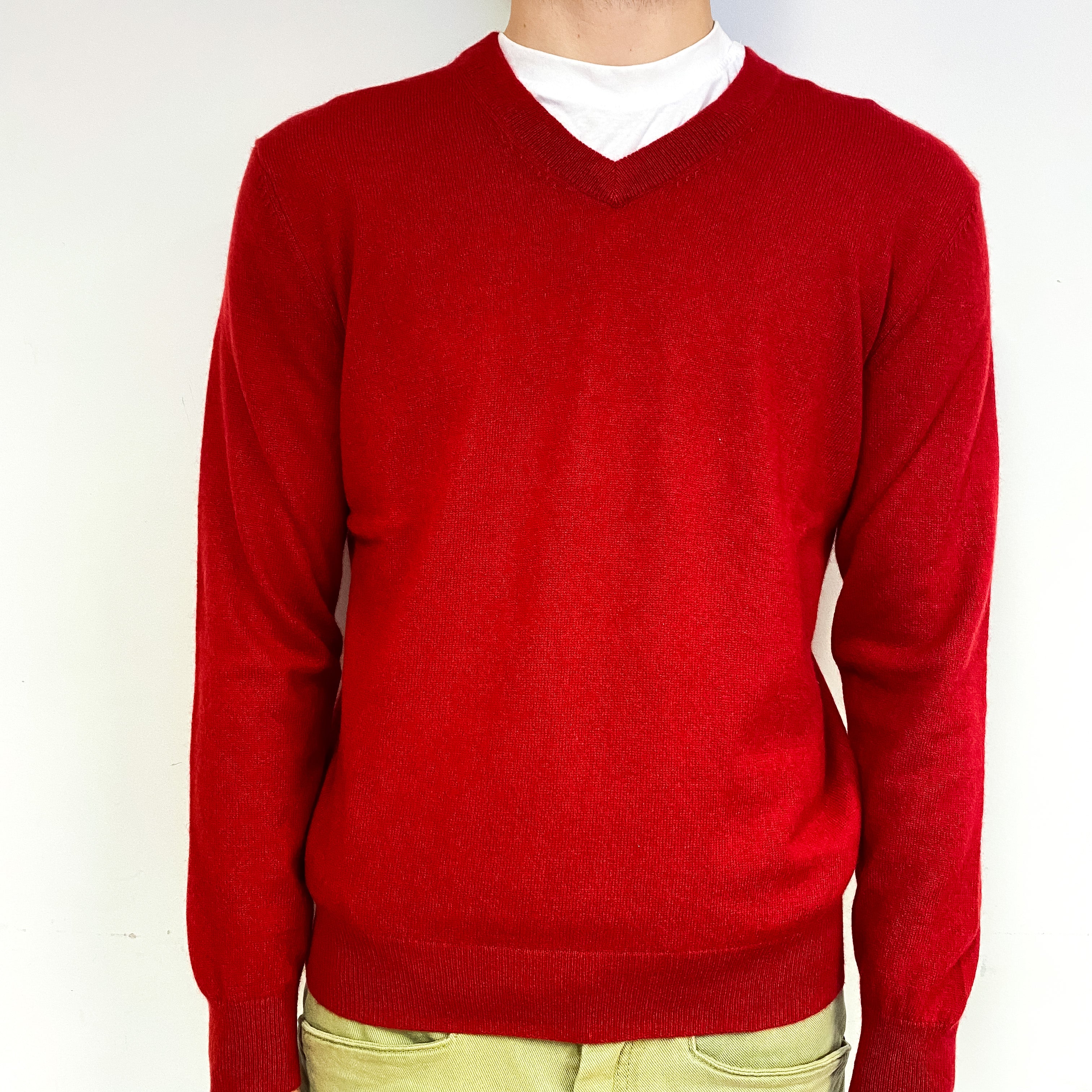 Men's Post Box Red Cashmere V-Neck Jumper Medium