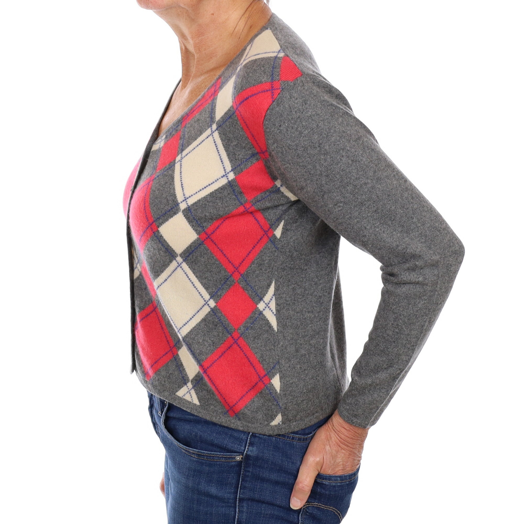 Grey and Cranberry Diamond Cashmere V Neck Cardigan Medium