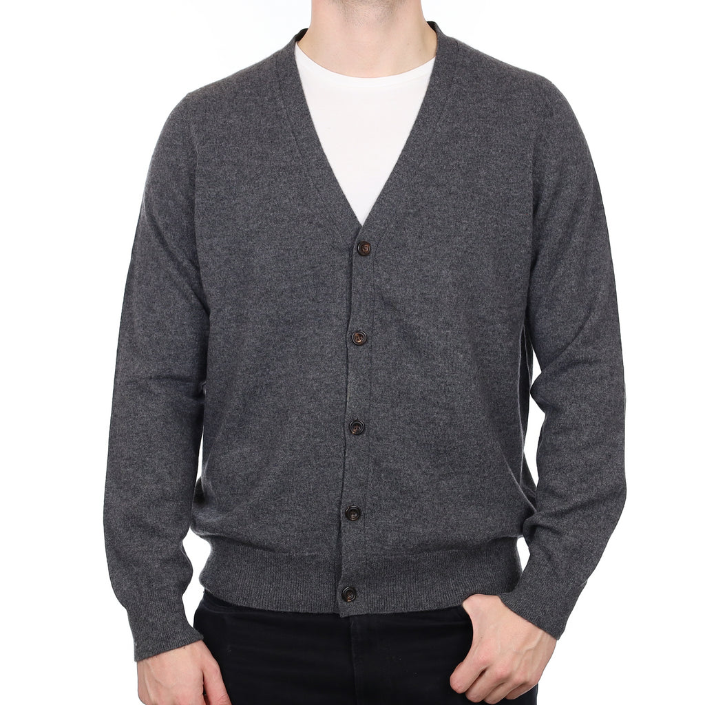 Men’s Granite Grey Cashmere V Neck Cardigan XXL
