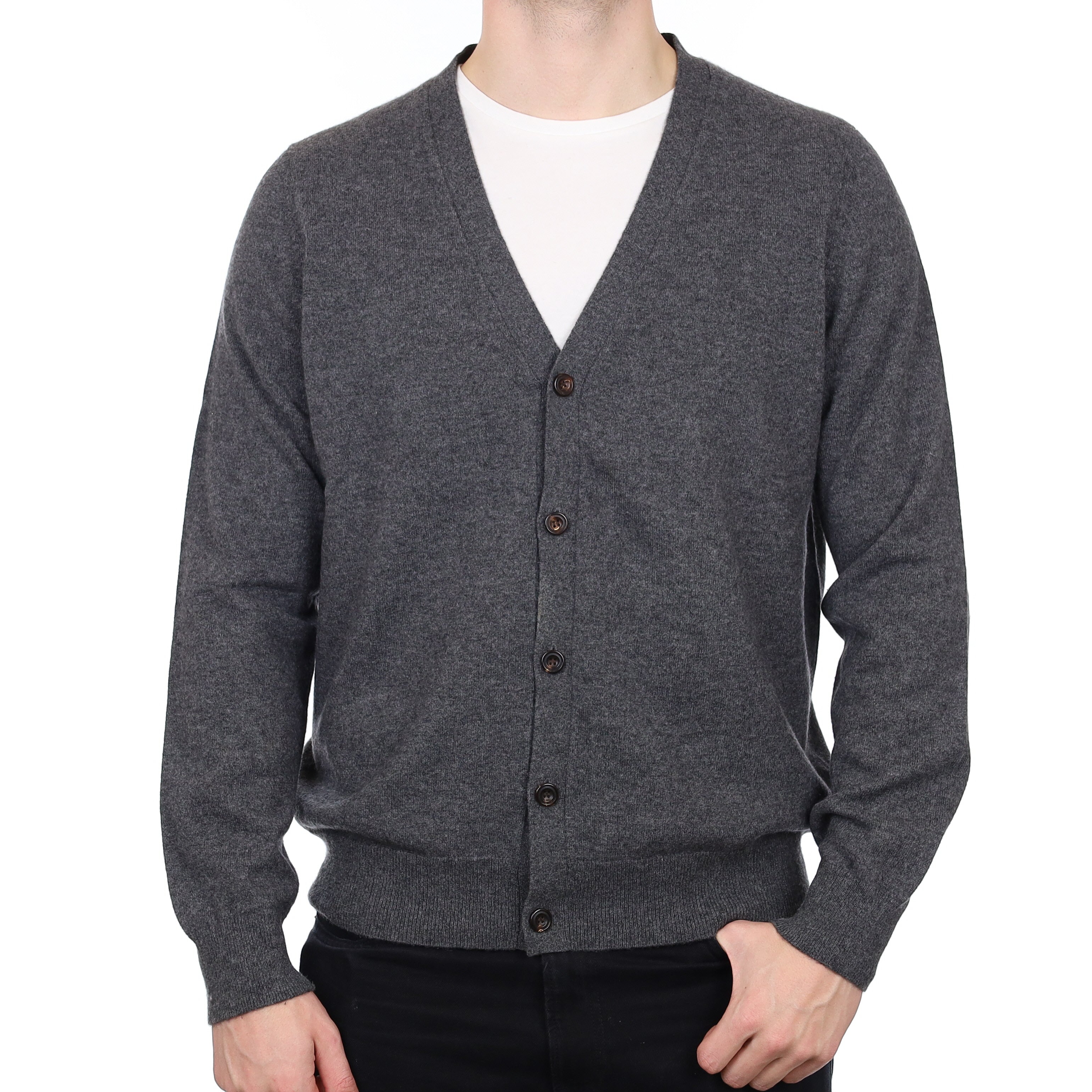 Men’s Granite Grey Cashmere V Neck Cardigan XXL