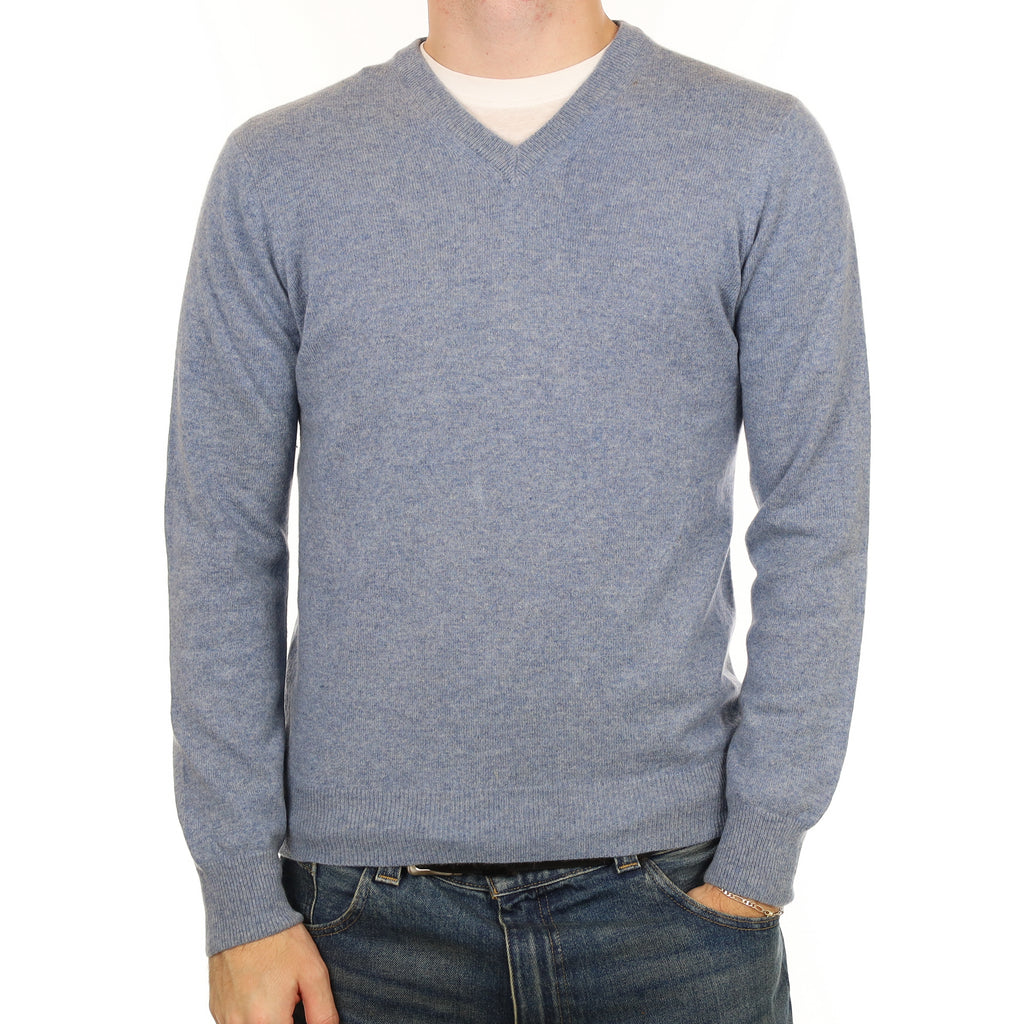 Men’s Blue Grey Marl Cashmere V Neck Jumper Medium