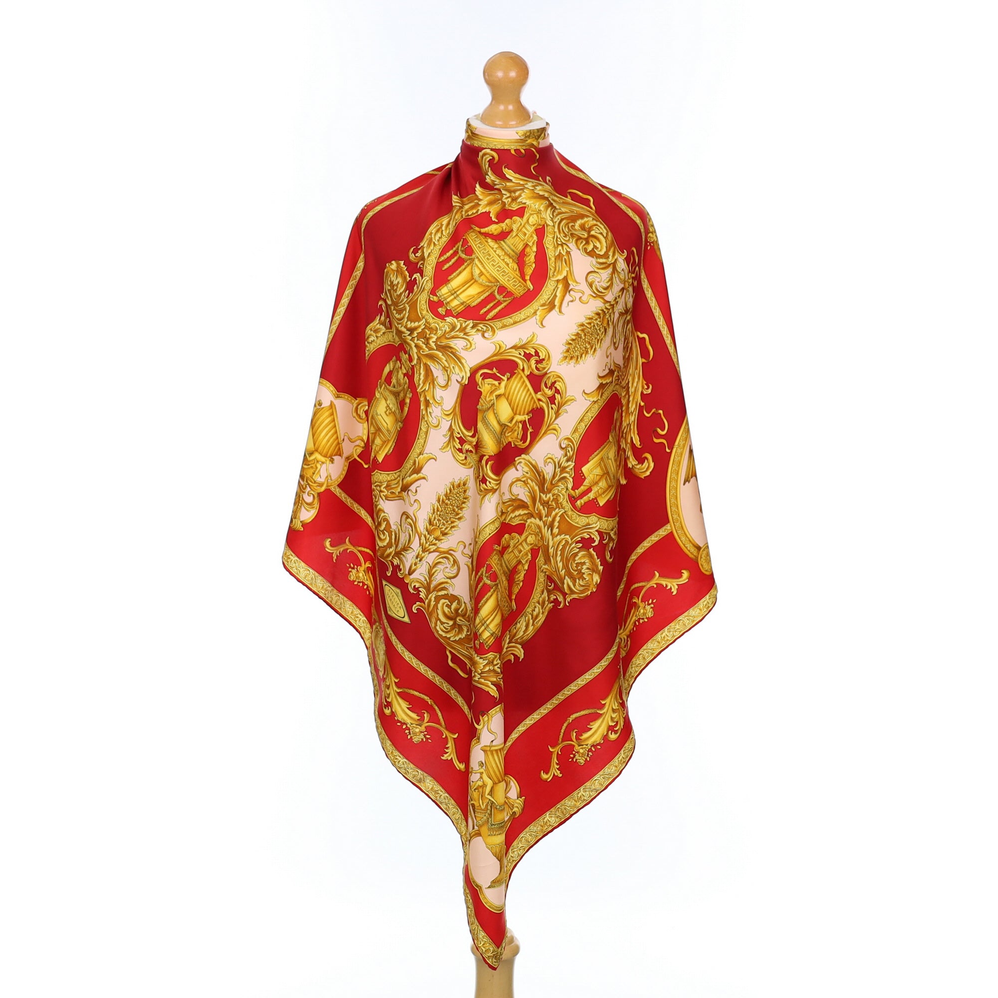 Designer Versace Red, Gold and Pale Pink Silk Scarf