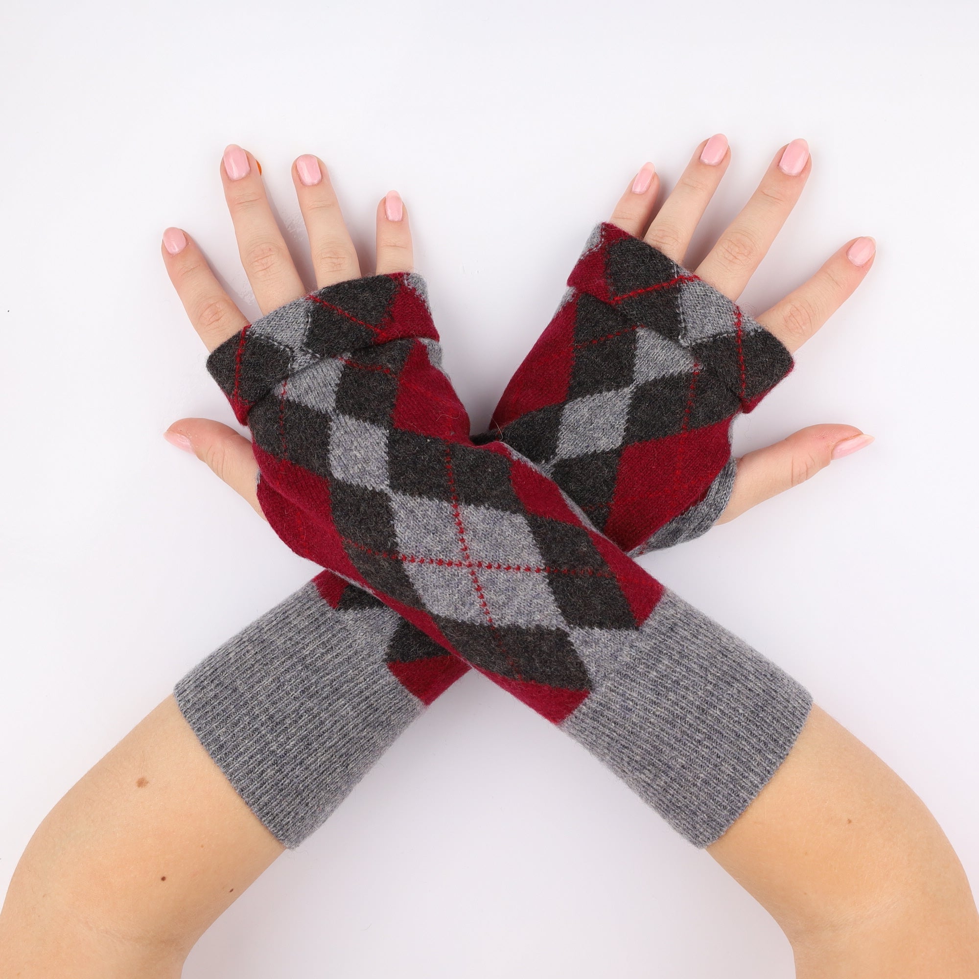 Grey and Burgundy Diamond Fingerless Gloves