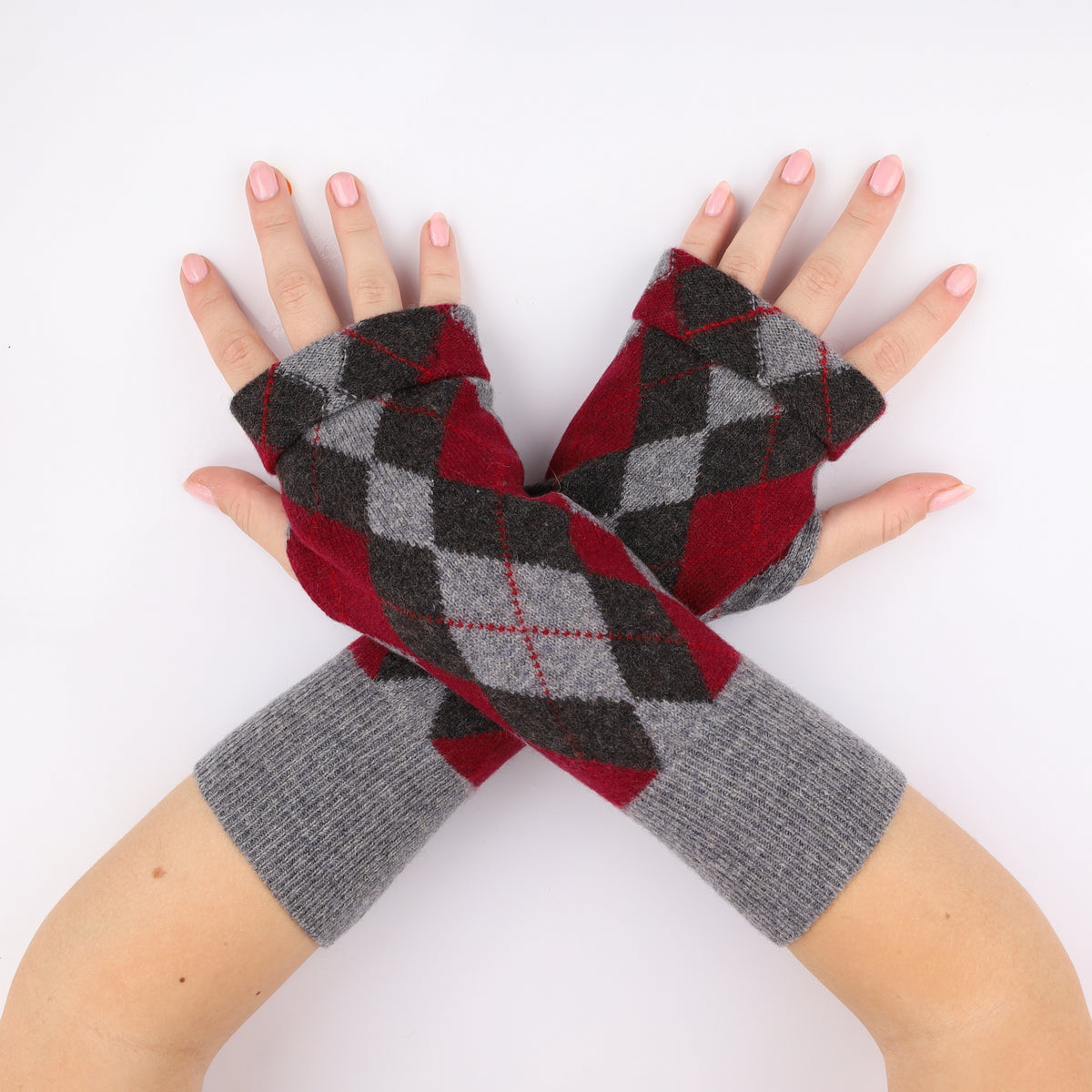 Grey and Burgundy Diamond Fingerless Gloves