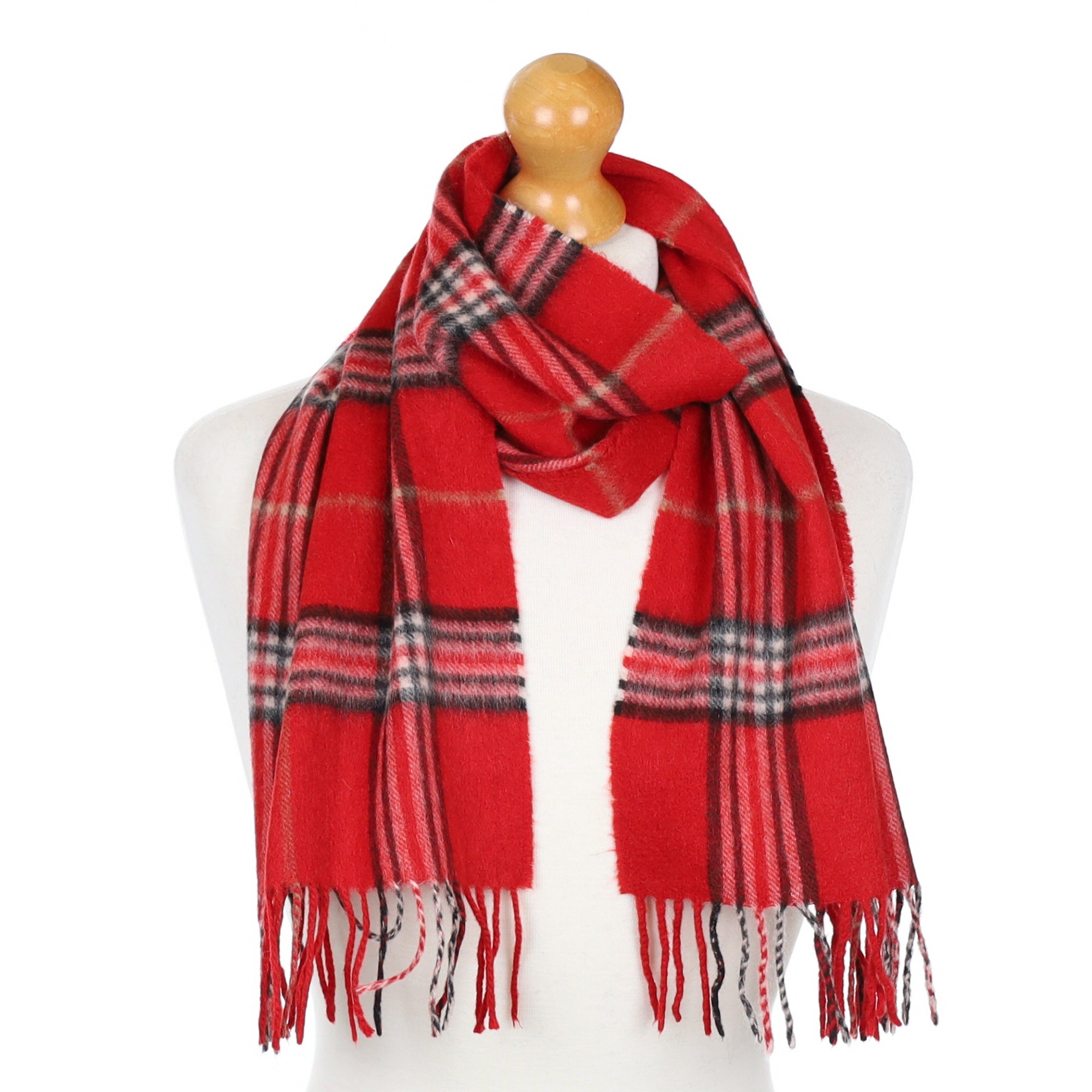 Red Checked Fringed Cashmere Woven Scarf