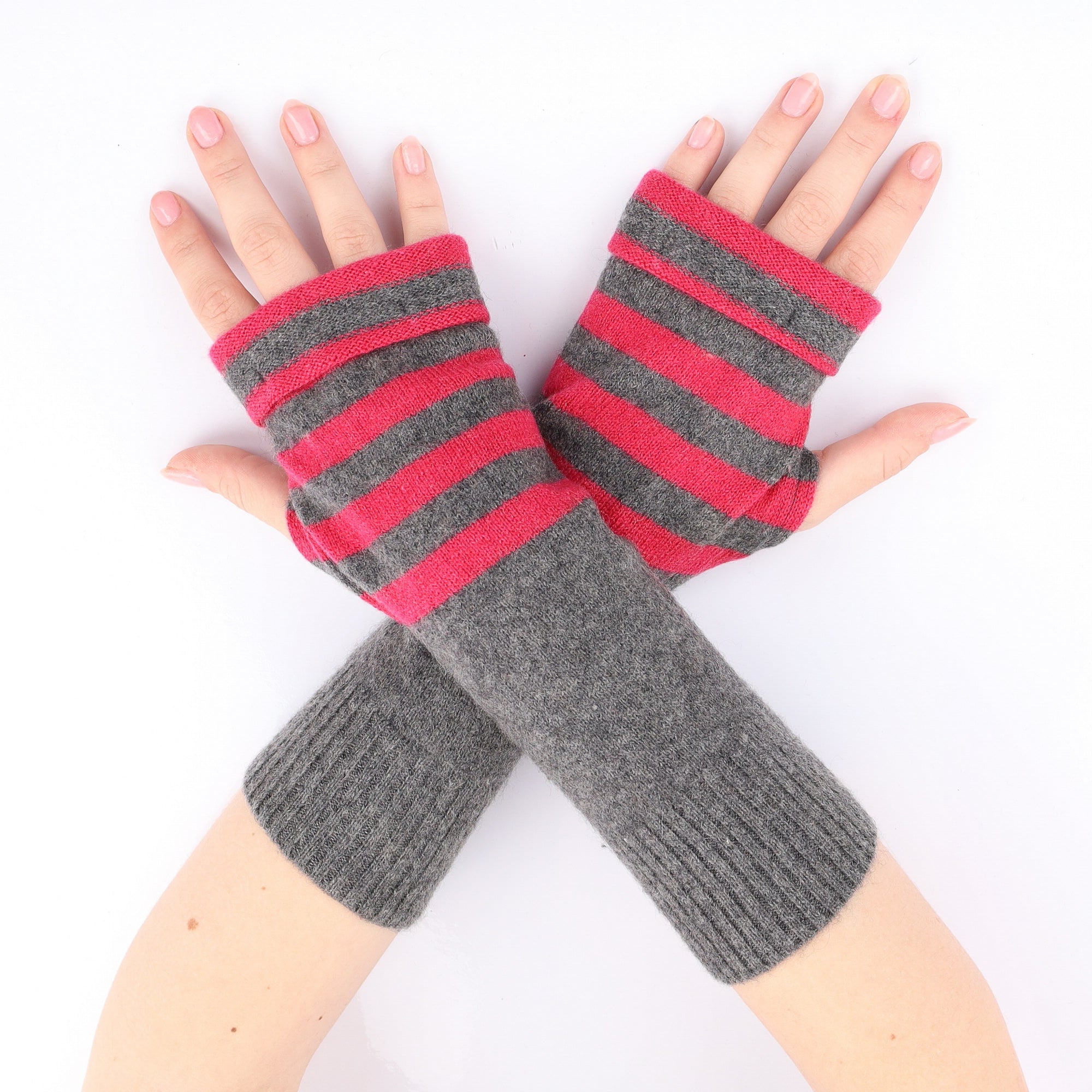 Slate and Fuchsia Stripe Fingerless Gloves
