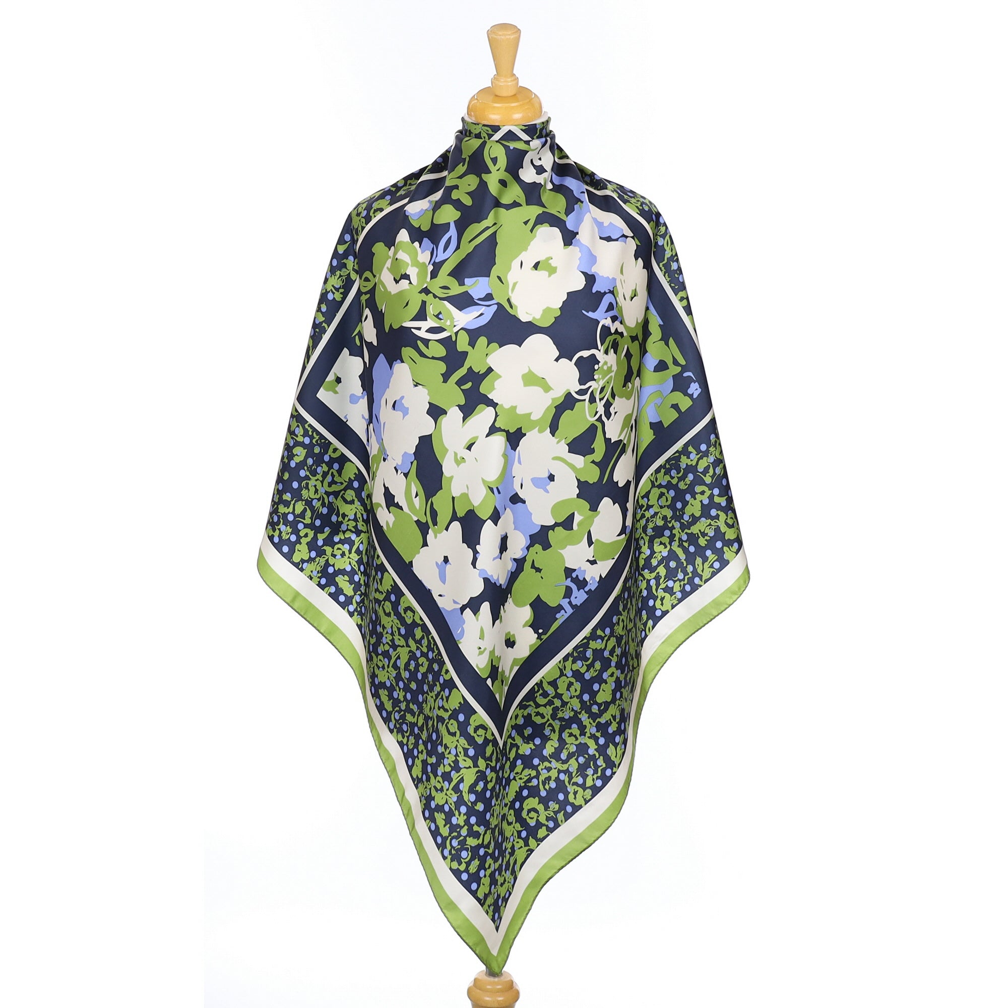 Navy Green and White Floral Silk Scarf