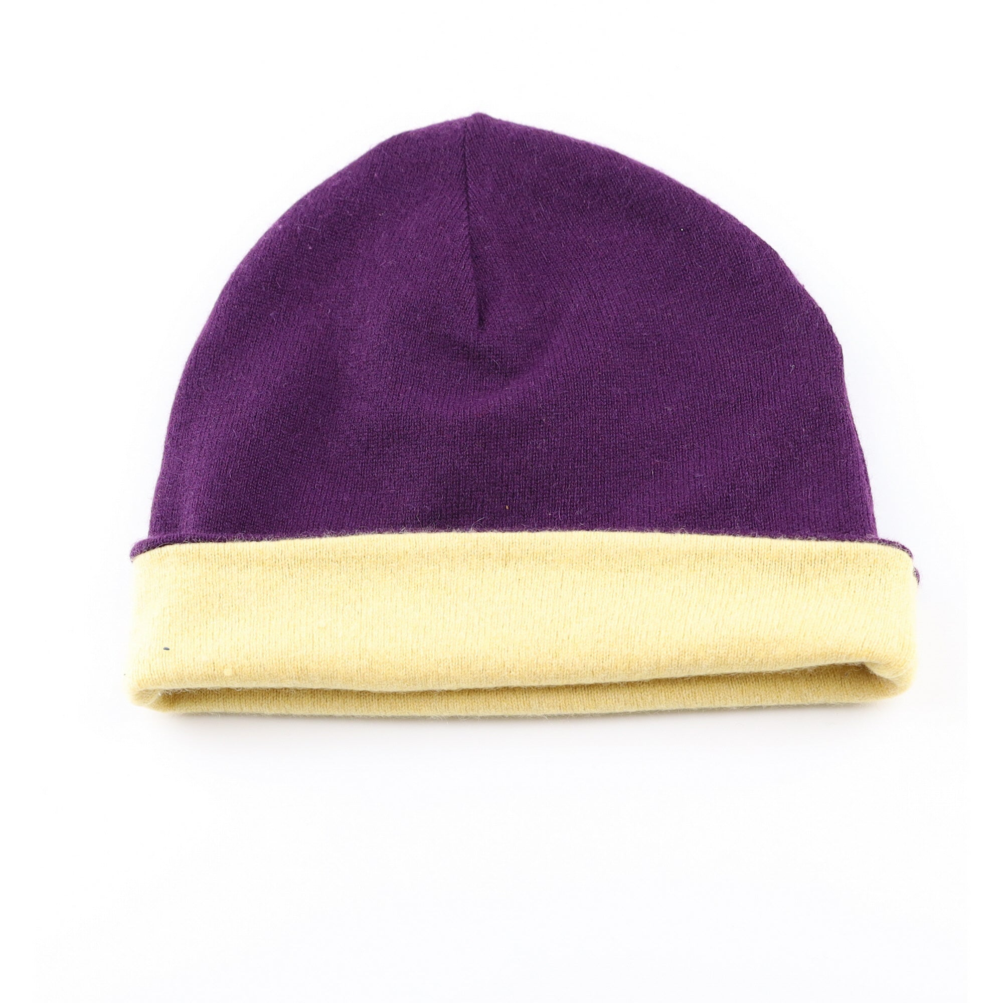 Aubergine Purple and Yellow Reversible Cashmere Beanie Hat