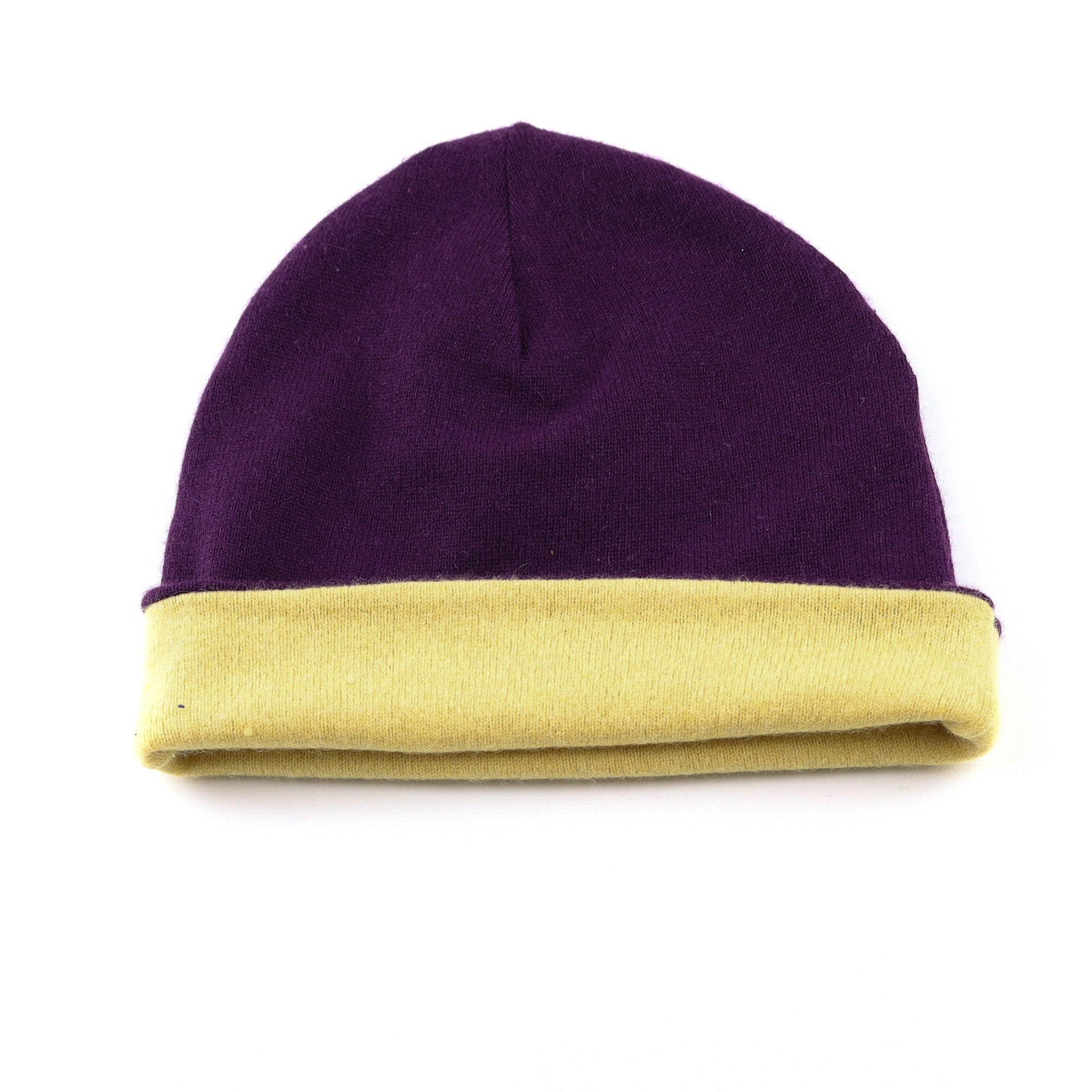 Aubergine Purple and Yellow Reversible Cashmere Beanie Hat