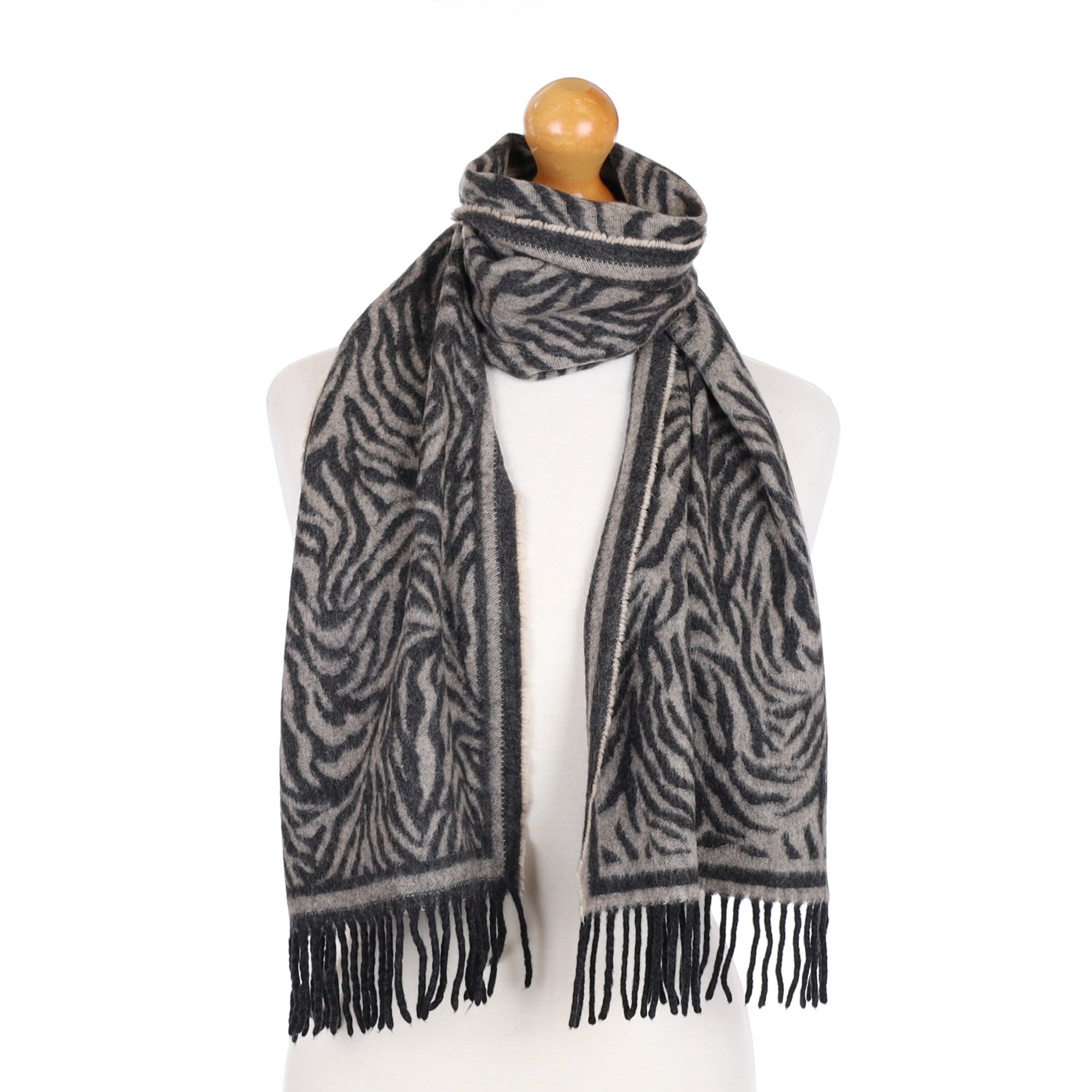 Charcoal and Beige Patterned Cashmere Fringed Woven Scarf