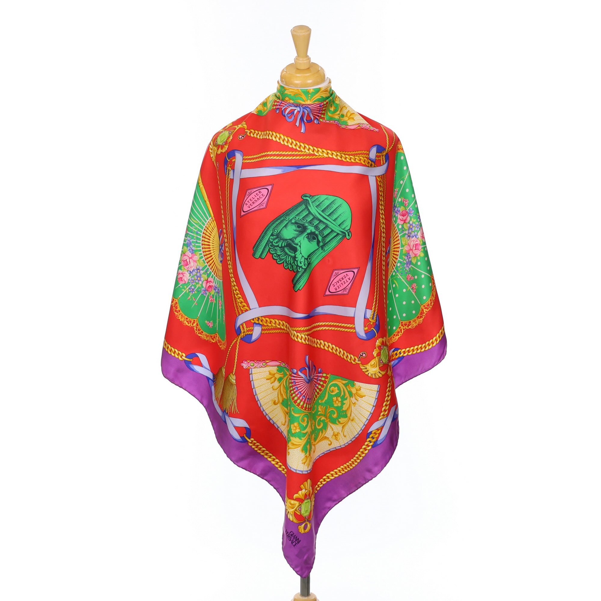 Gianni Versace Red Fan Vintage Silk Scarf