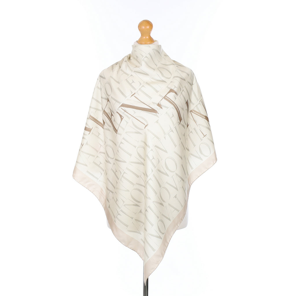 Valentino Neutral Branded Design Silk Scarf