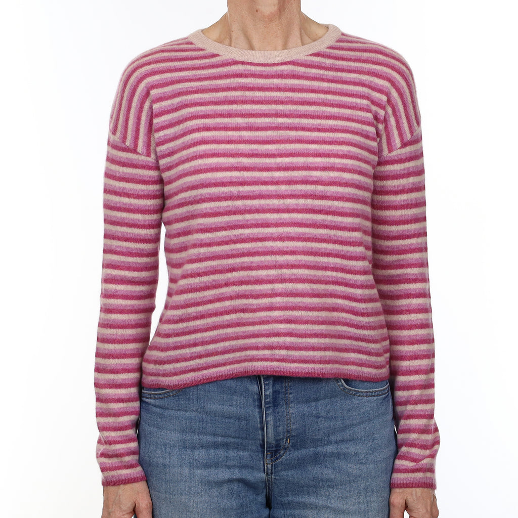 Magenta and Lilac Striped Cashmere Crew Neck Jumper Small